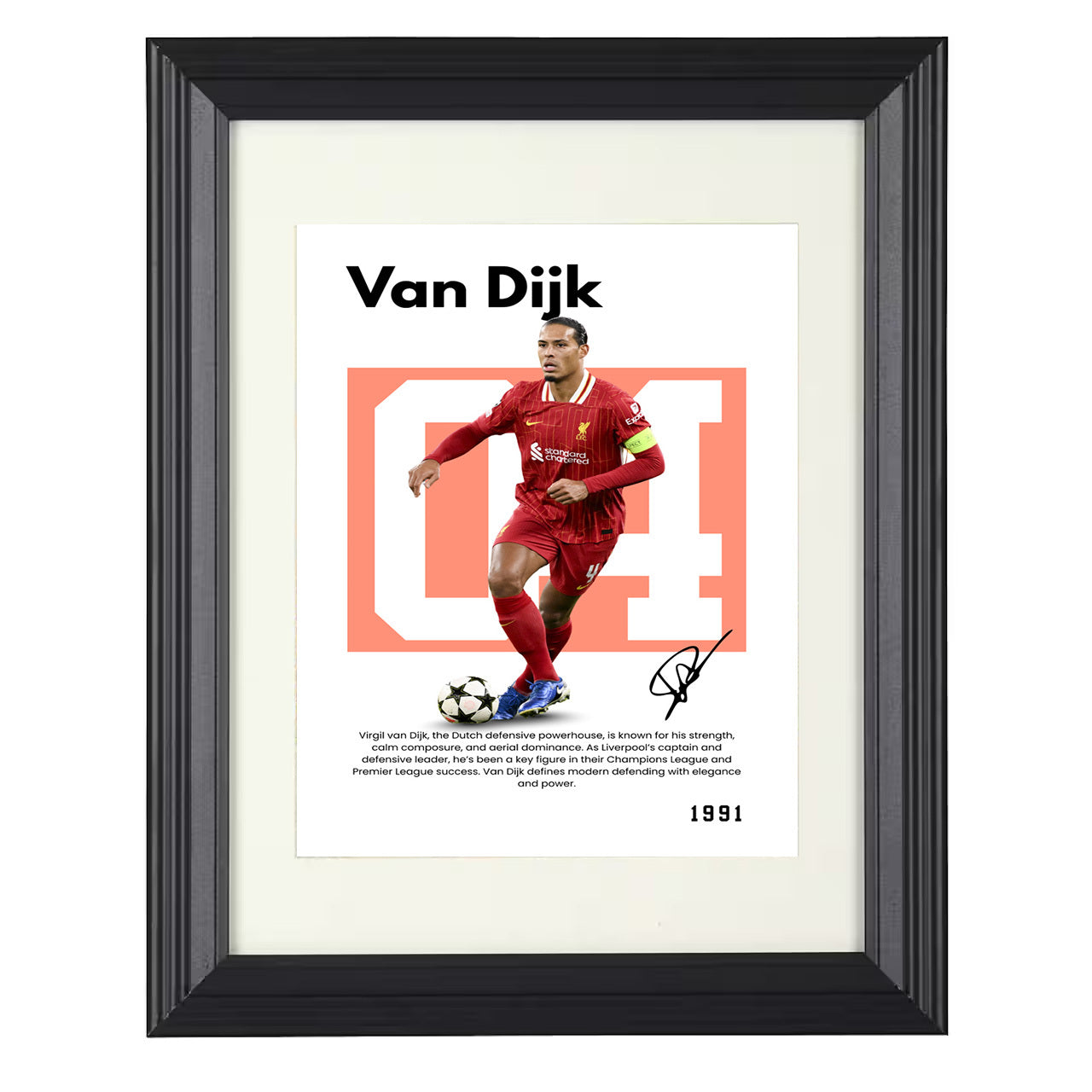 Virgil van Dijk – No. 30 Player Bio Artwork 8x10 matted black framed soccer wall art
