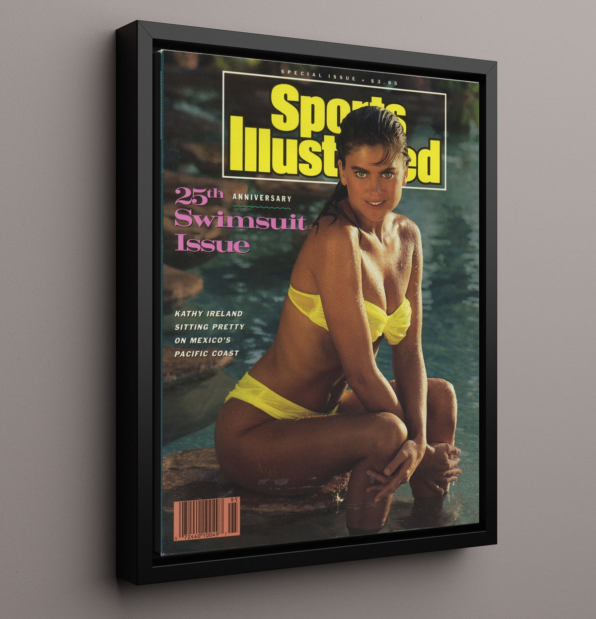 Kathy Ireland - 1989 25th Anniversary Mexico Pacific Coast SI Swimsuit Issue Cover - Framed Canvas swimsuit wall art