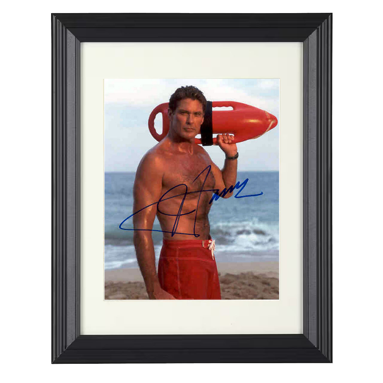 Baywatch – David Hasselhoff Lifeguard Red Rescue Can – 8x10 black beveled framed television wall art