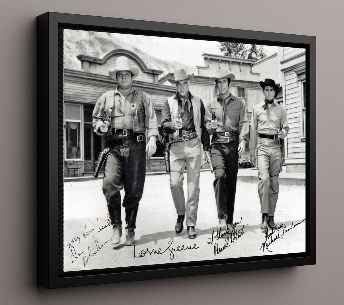 Bonanza - Lorne Greene (Ben Cartwright) Ensemble Cast Ponderosa Ranch - Framed Canvas television wall art
