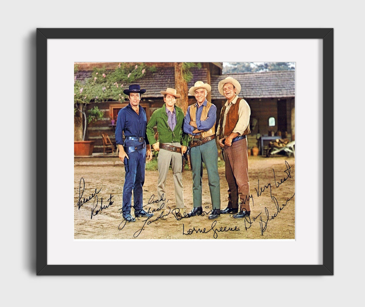 Bonanza - Lorne Greene (Ben Cartwright) and Michael Landon (Little Joe) and Dan Blocker (Hoss) and Pernell Roberts (Adam) Western Ranch - Gallery Frame television wall art