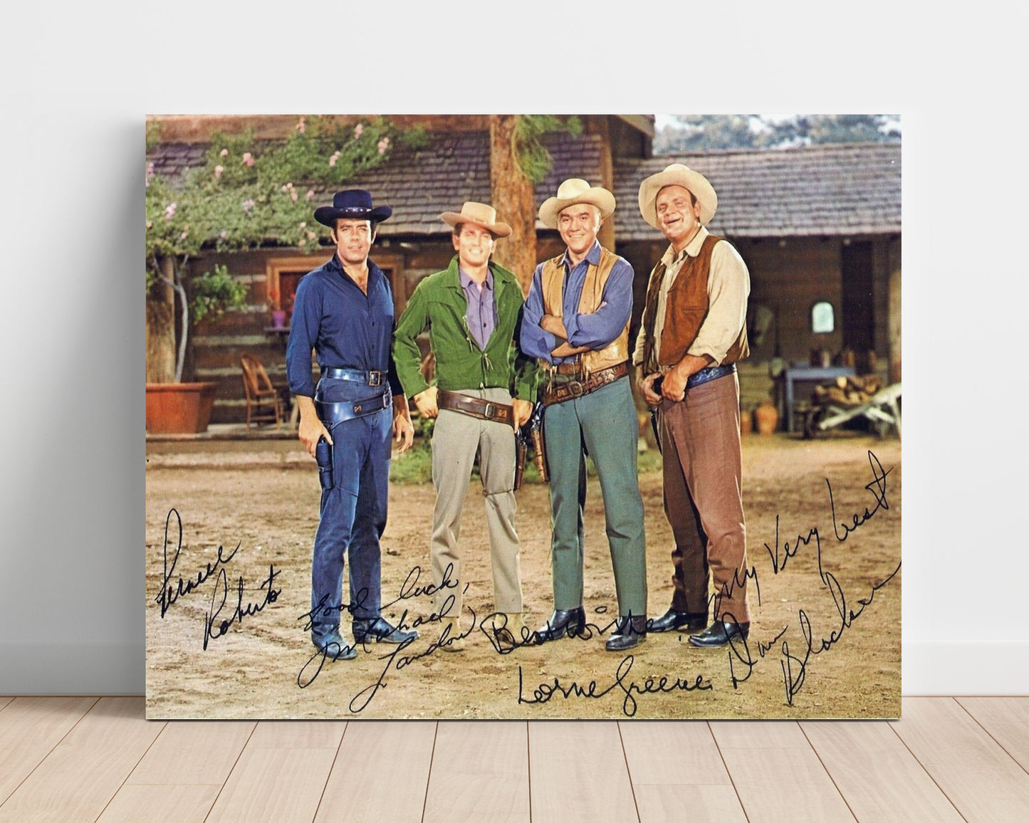 Bonanza - Lorne Greene (Ben Cartwright) and Michael Landon (Little Joe) and Dan Blocker (Hoss) and Pernell Roberts (Adam) Western Ranch - Vintage Television Wall Art - 16x20 Unframed Print wall art print - television decor