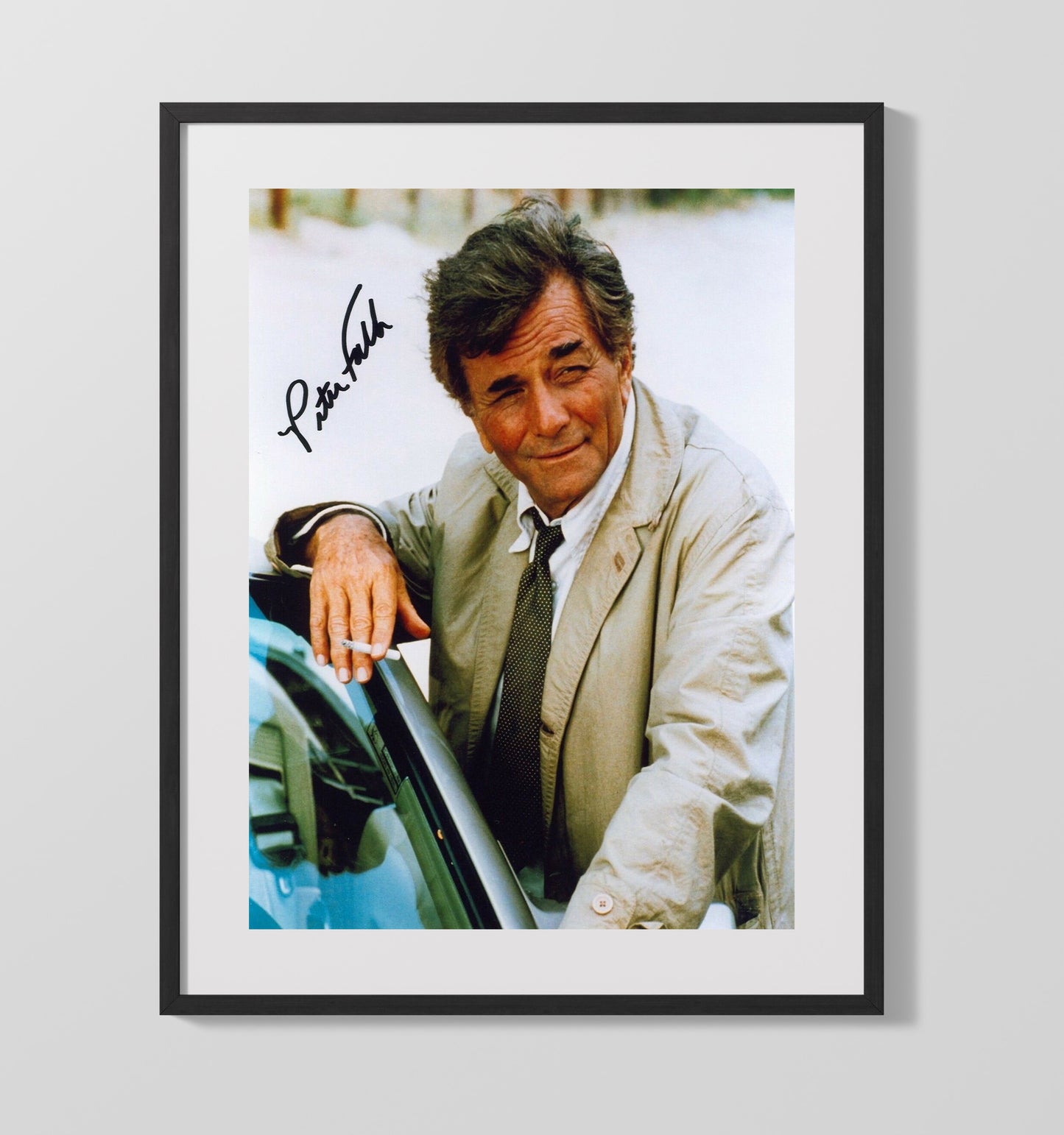 Columbo - Peter Falk - Detective Columbo Trenchcoat Leaning Car - Gallery Frame television wall art