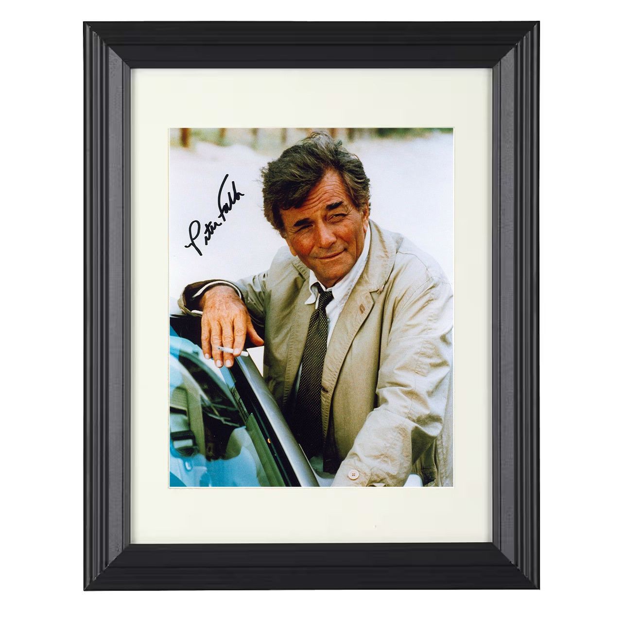 Columbo – Peter Falk – Detective Columbo Trenchcoat Leaning – 8x10 black beveled framed television wall art
