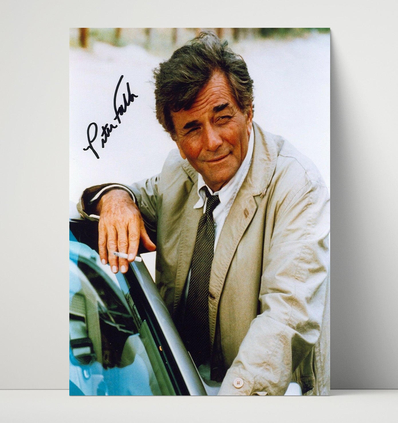 Columbo - Peter Falk - Detective Columbo Trenchcoat Leaning Car - Vintage Television Wall Art - 16x20 Unframed Print wall art print - television decor