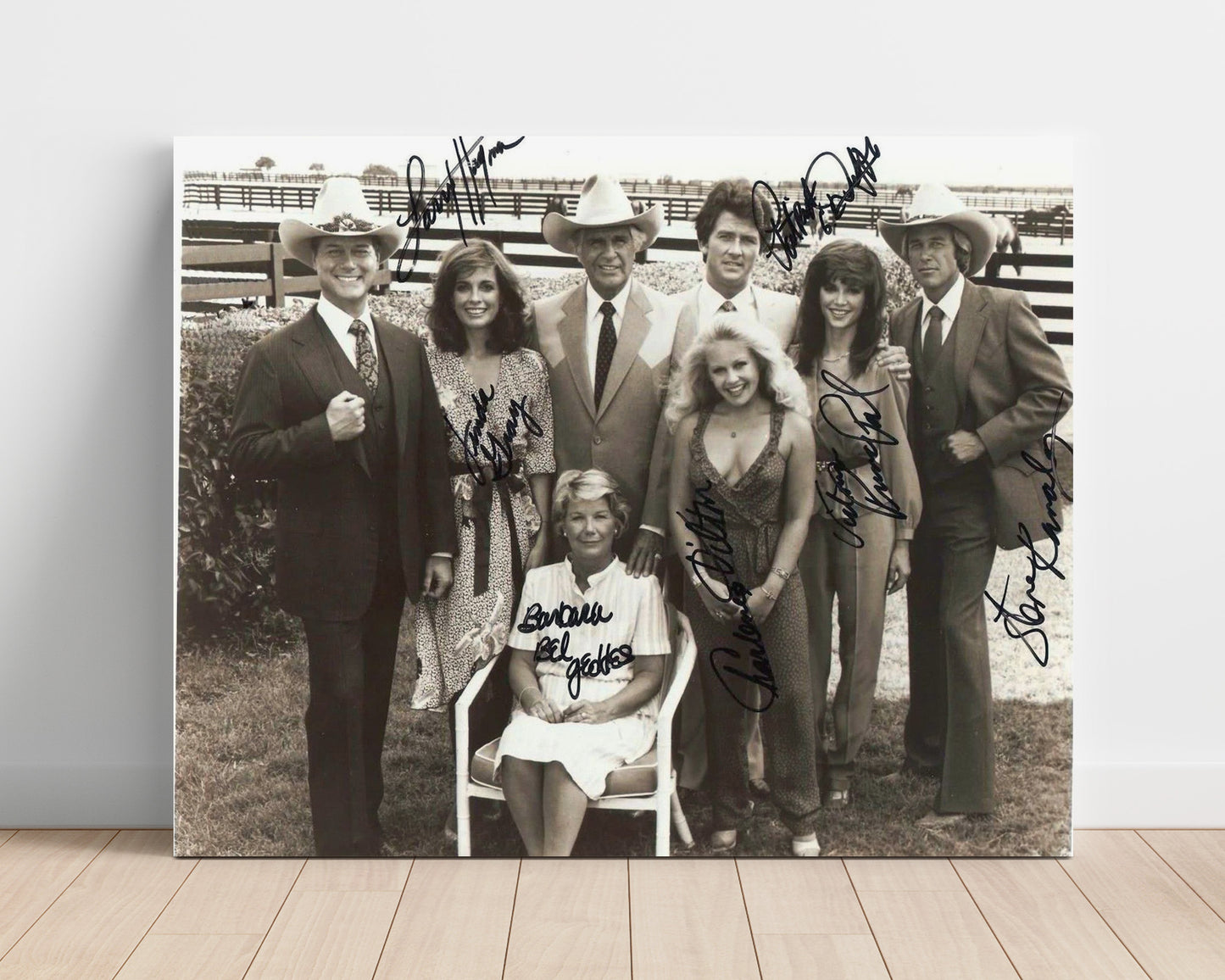 Dallas - Larry Hagman (J.R. Ewing) Ensemble Cast Southfork Ranch Gathering - Vintage Television Wall Art - 16x20 Unframed Print wall art print - television decor