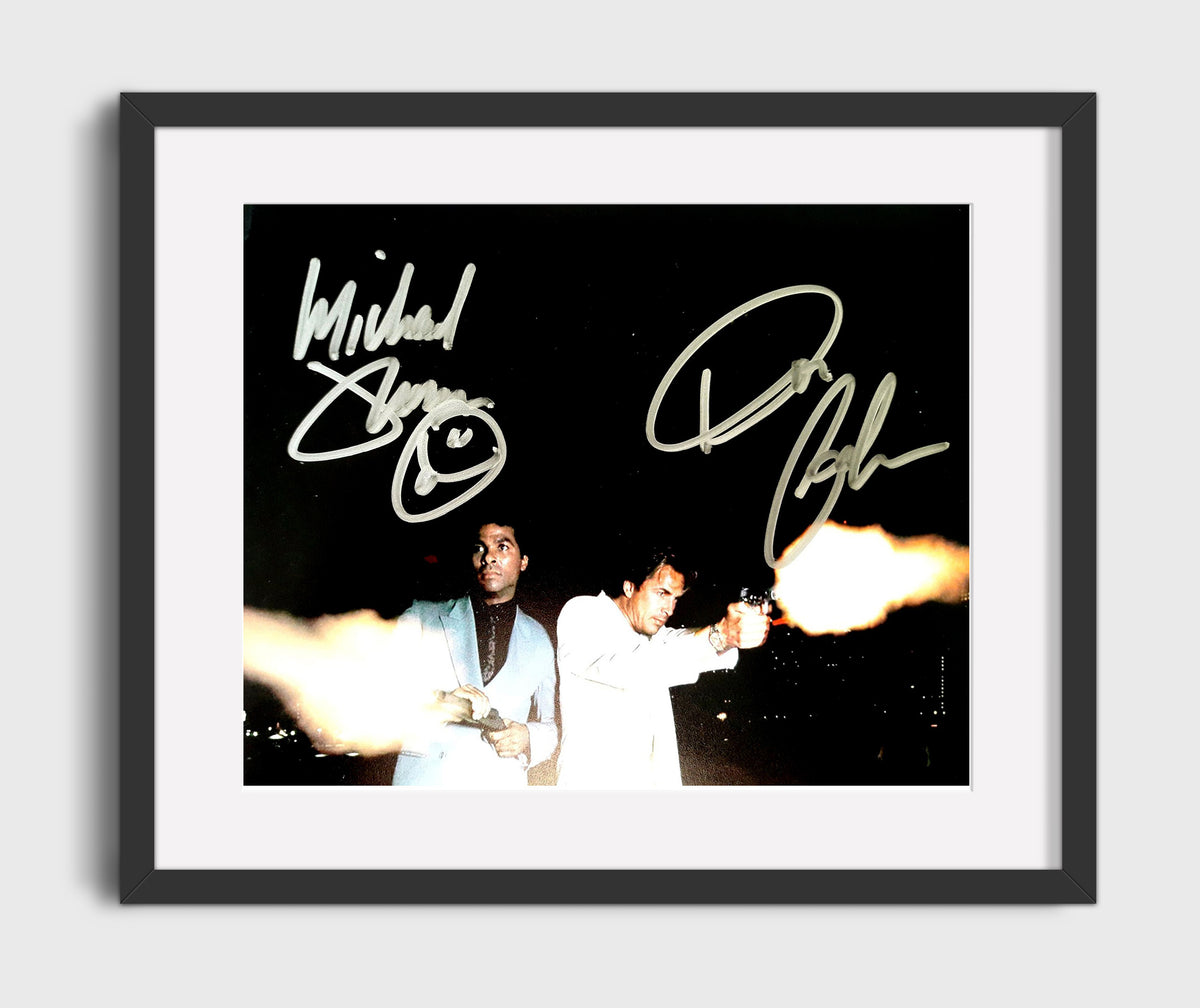 Miami Vice - Don Johnson (Sonny Crockett) and Philip Michael Thomas (Ricardo Tubbs) Dual Gunfire Night Scene - Gallery Frame television wall art