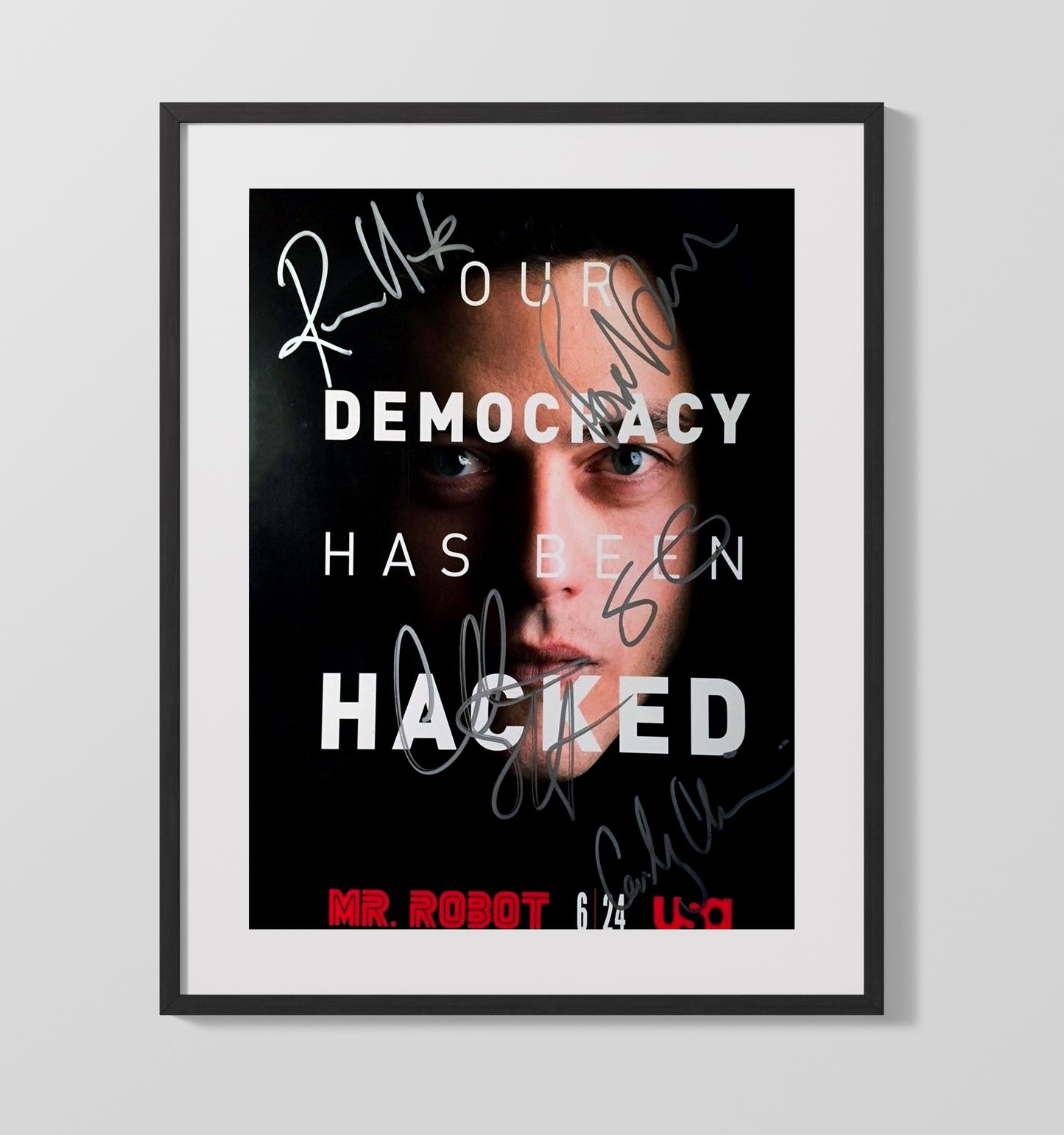Mr Robot - Cast - Democracy Has Been Hacked Poster - Gallery Frame television wall art