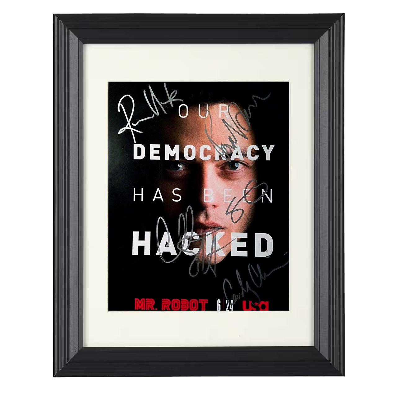 Mr Robot – Cast – Democracy Has Been Hacked Poster – 8x10 black beveled framed television wall art