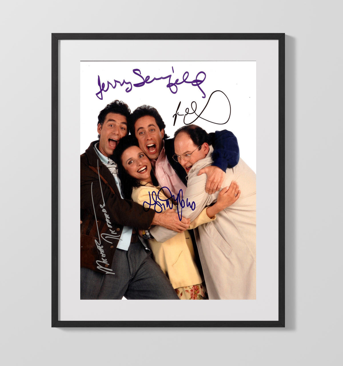 Seinfeld - Jerry Seinfeld Julia Louis Dreyfus Jason Alexander and Michael Richards - Comedic Group Hug - Gallery Frame television wall art