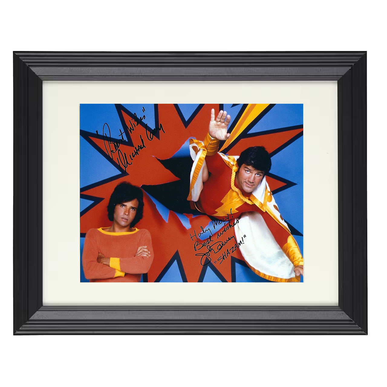Shazam – Captain Marvel and Michael Gray Flying Hero Pose – 8x10 black beveled framed television wall art