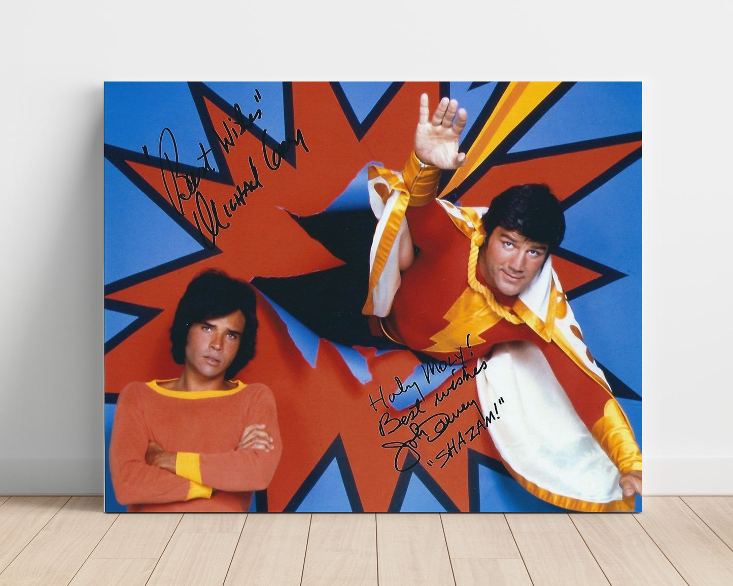 Shazam - John Davey (Captain Marvel) and Michael Gray (Billy Batson) Flying Hero Pose - Vintage Television Wall Art - 16x20 Unframed Print wall art print - television decor
