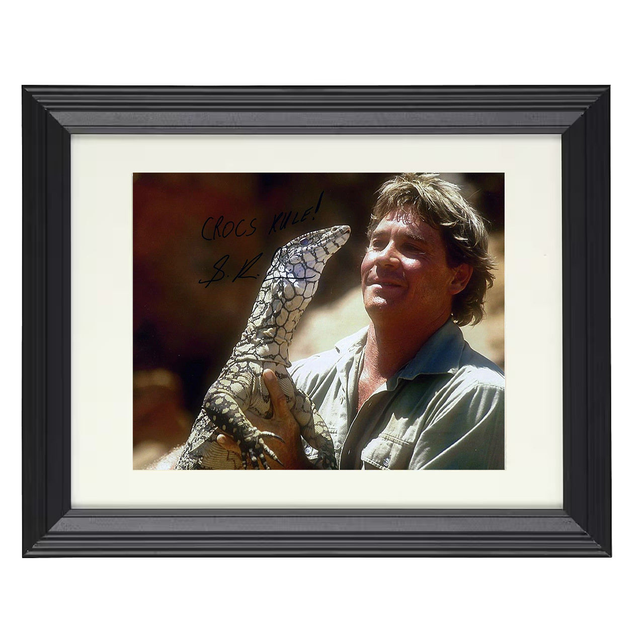 The Crocodile Hunter – Himself Holding Monitor Lizard – 8x10 black beveled framed television wall art