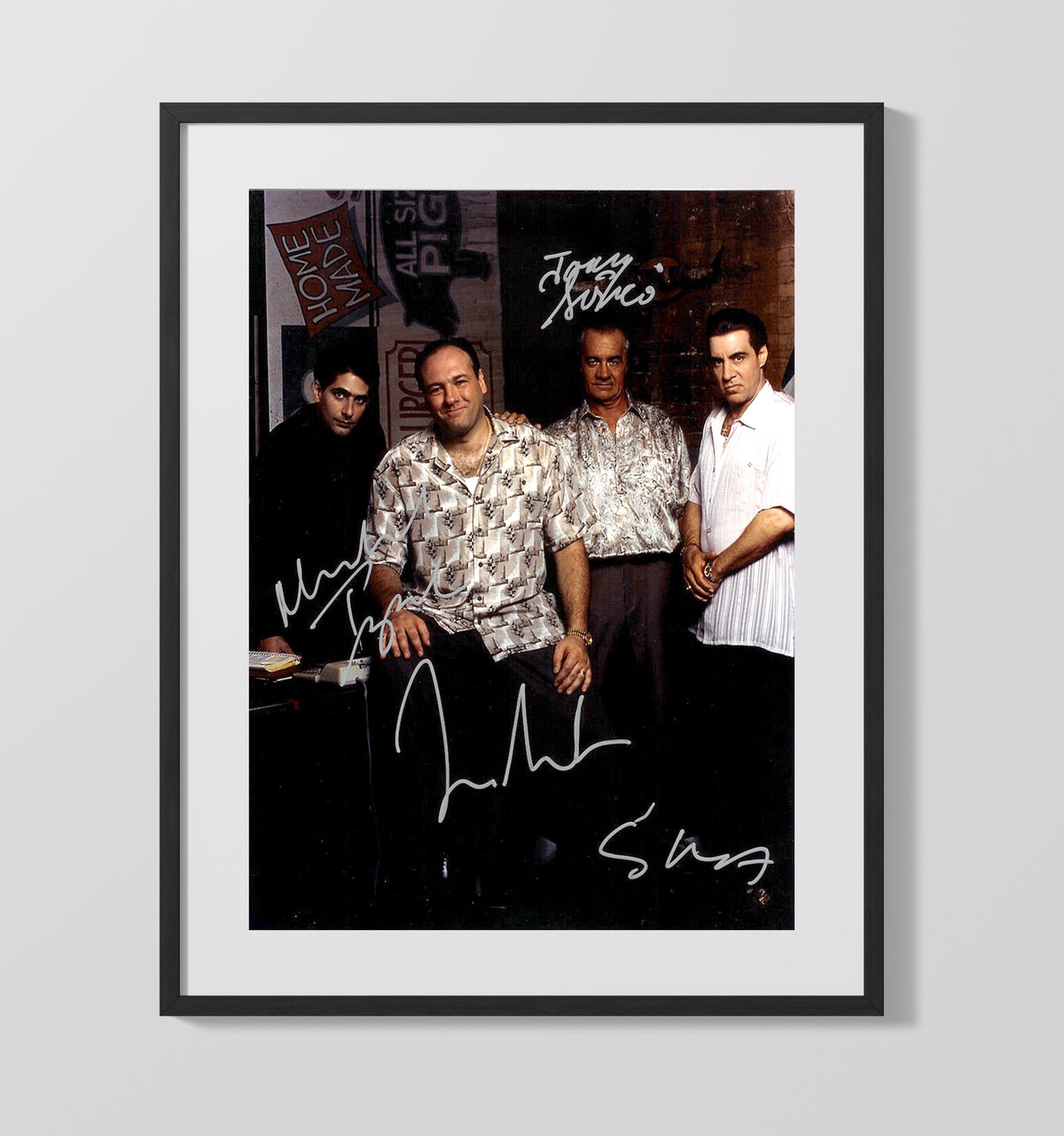 The Sopranos - James Gandolfini (Tony Soprano) Ensemble Cast Against Brick Wall - Gallery Frame television wall art