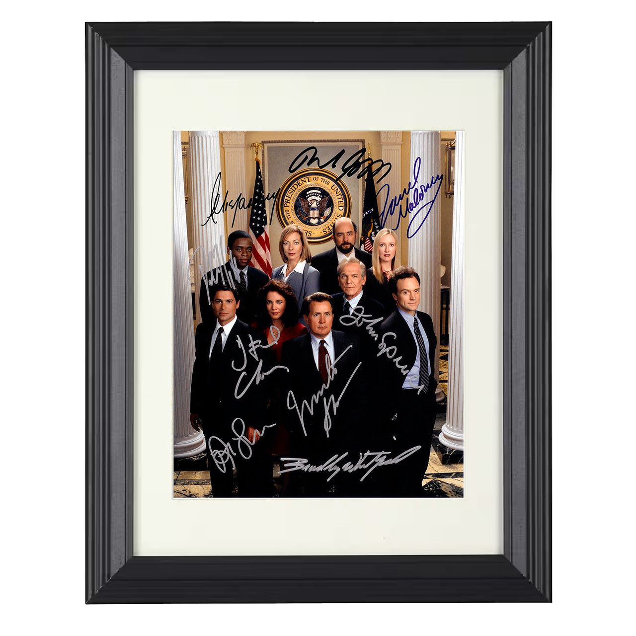 The West Wing – President Jed Bartlet White House Cast Image – 8x10 black beveled framed television wall art