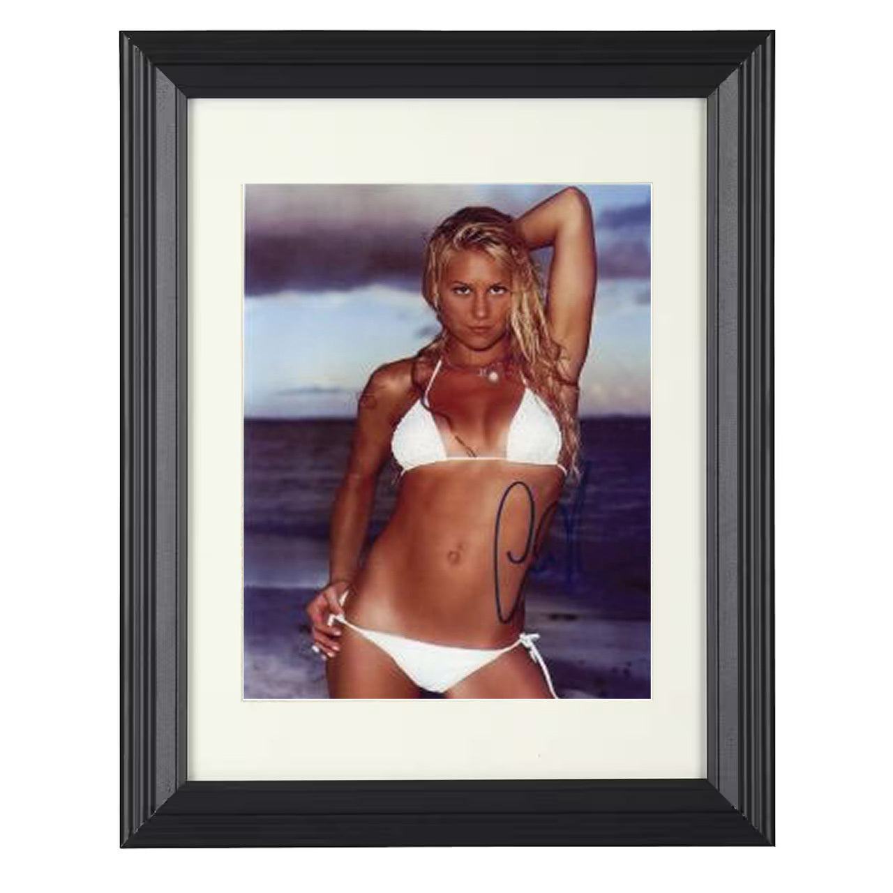 Anna Kournikova – White Swimsuit Beach Pose 8x10 matted black framed tennis wall art