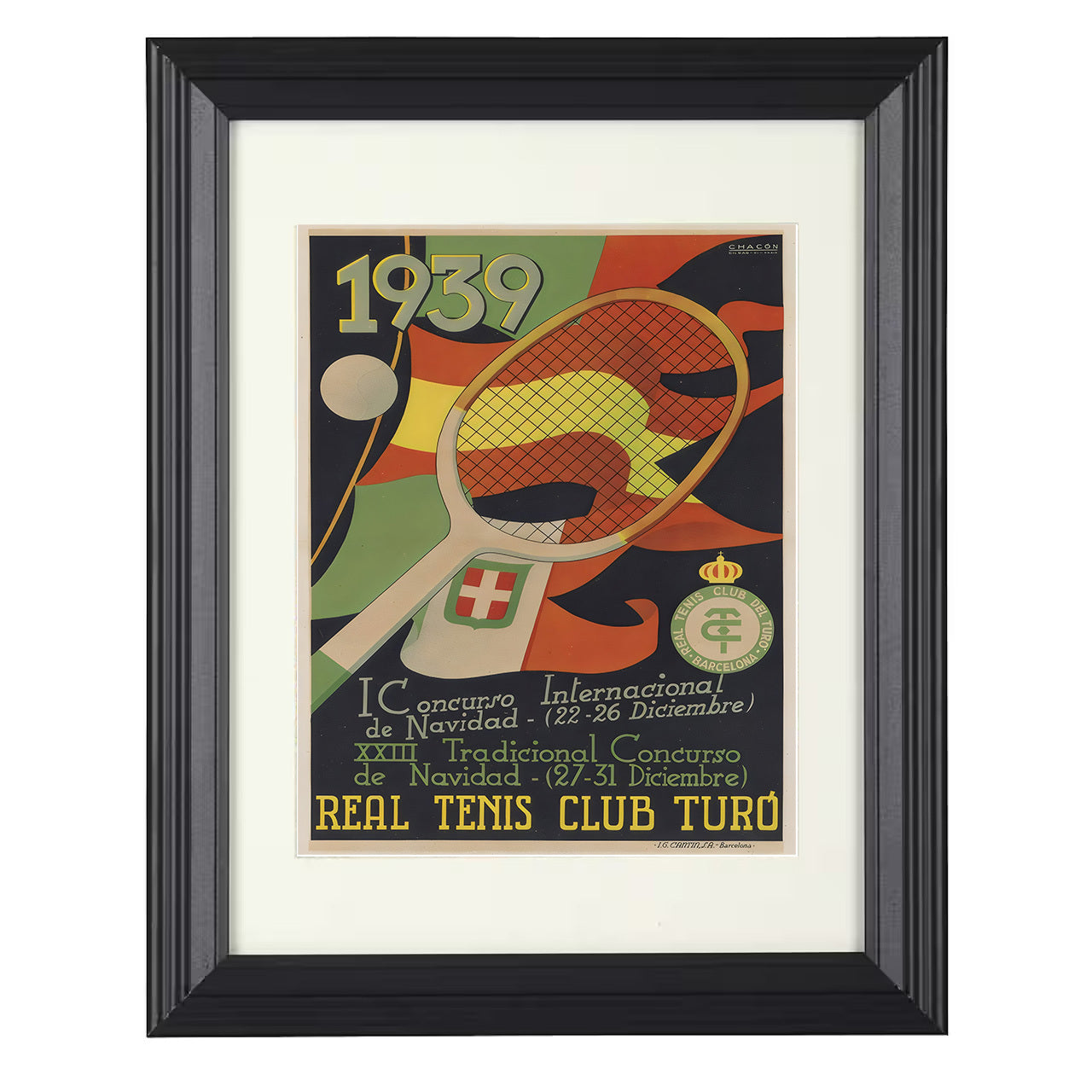 Real Tenis Club Turó – 1939 Barcelona Holiday Tournament 8x10 matted black framed tennis wall art