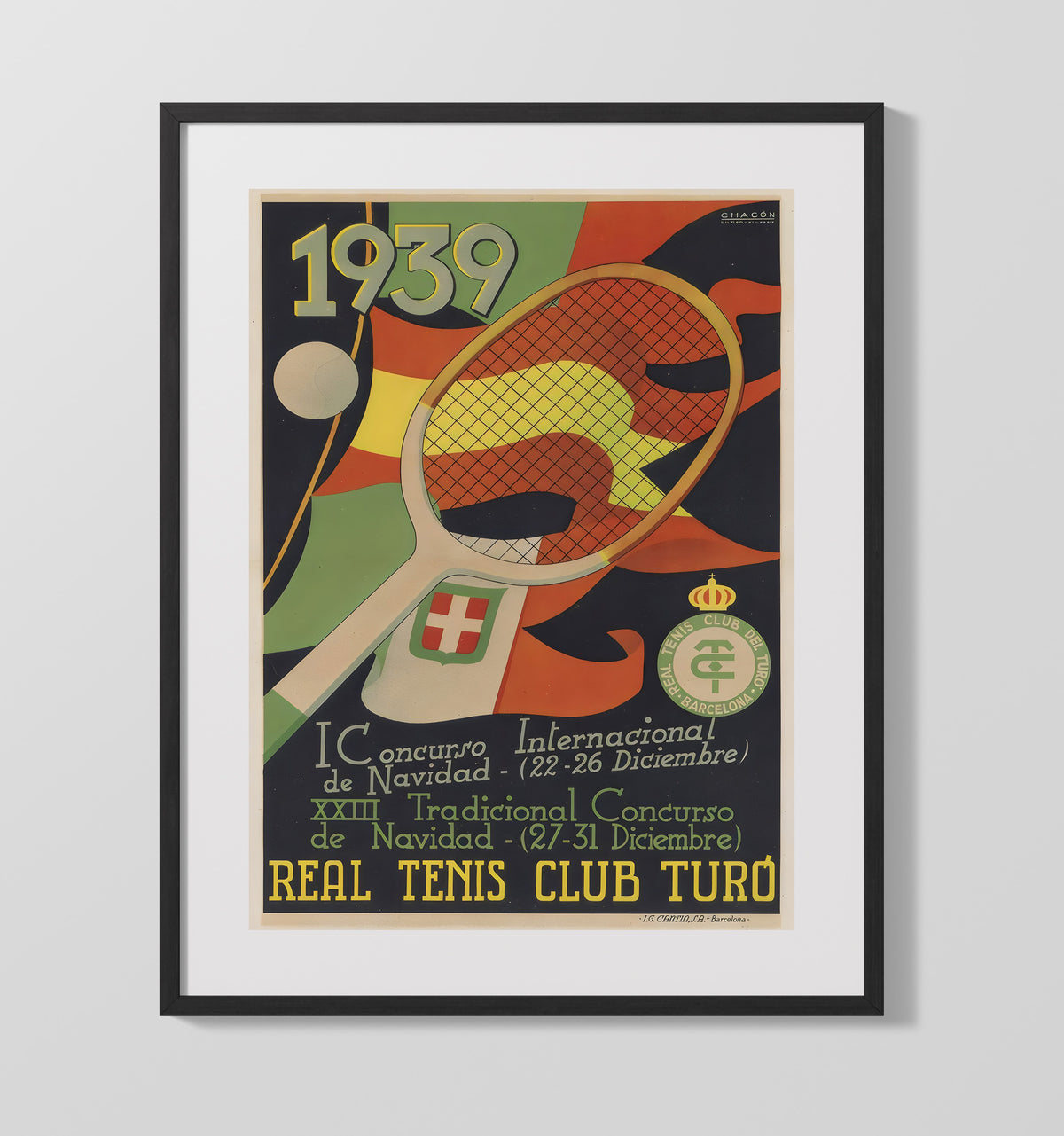 Real Tenis Club Turo - 1939 Barcelona Holiday Tournament Vintage Tennis Wall Art - 20x24 Canvas