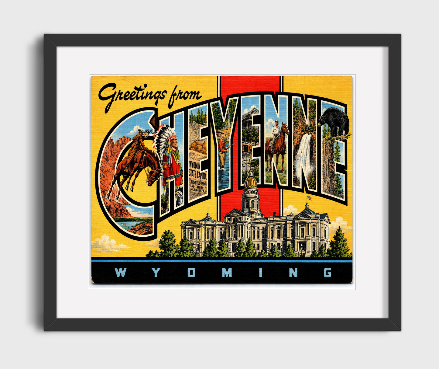 Greetings from Cheyenne, Wyoming 16x20 Gallery Frame vintage postcard wall art