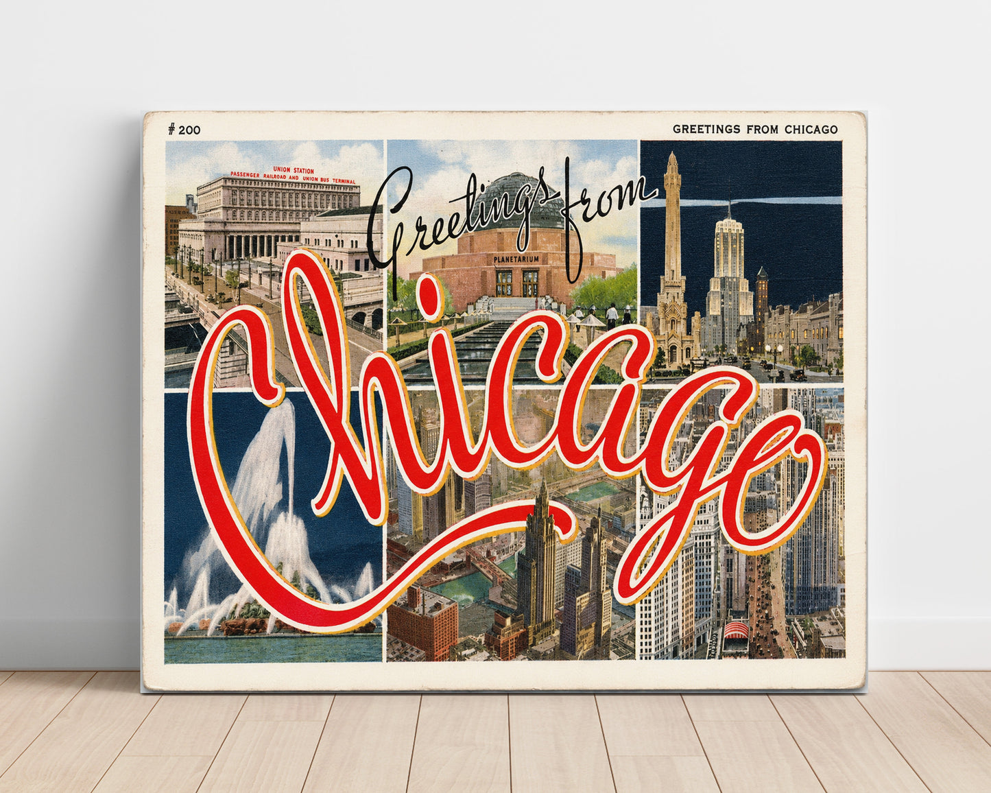 Chicago Illinois - Script Design Vintage Postcard - Vintage American Wall Art Unframed 8x10 in Plastic Sleeve wall art print – unframed decor