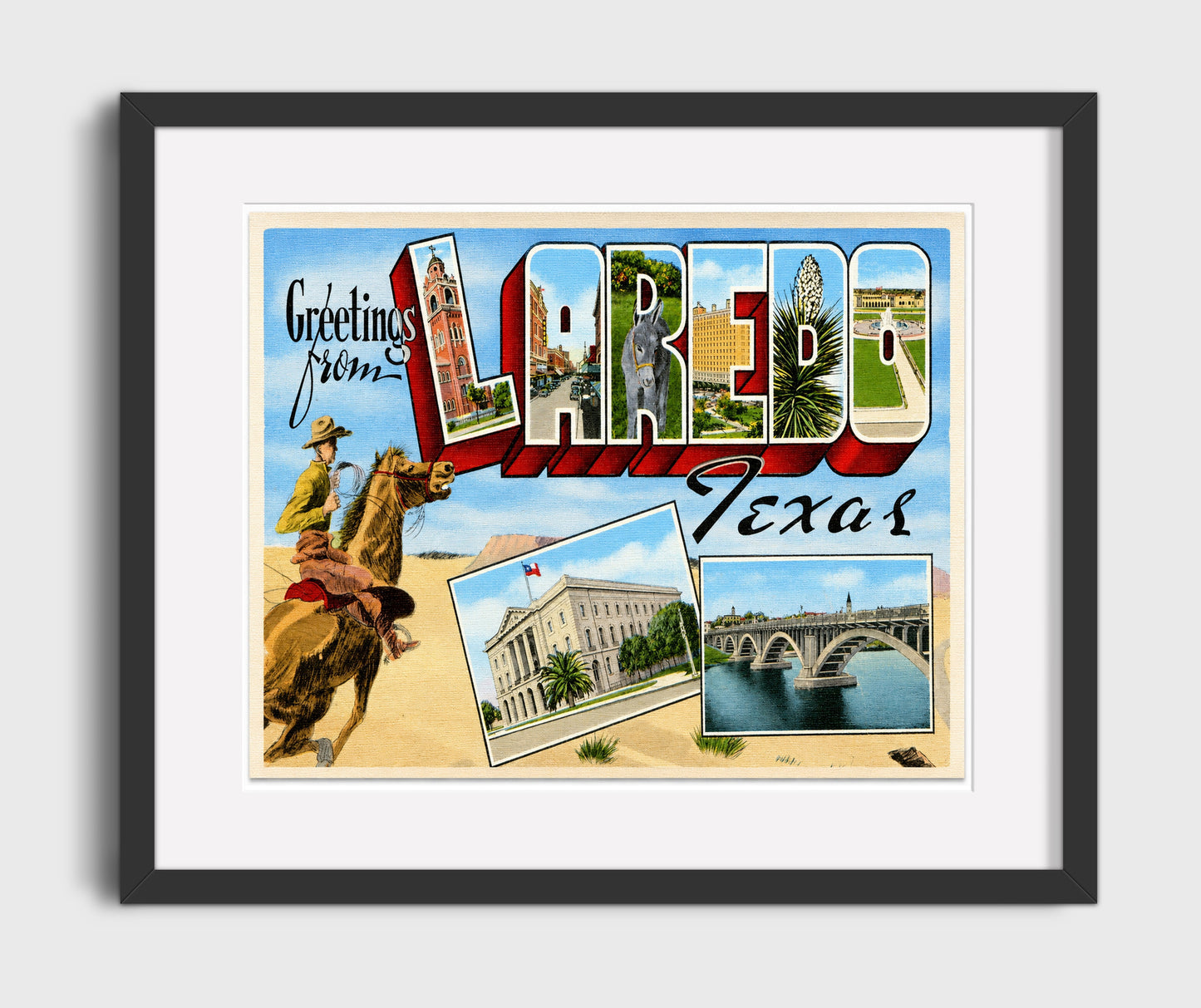 Greetings from Laredo, Texas - Cowboy Design 16x20 Gallery Frame vintage postcard wall art