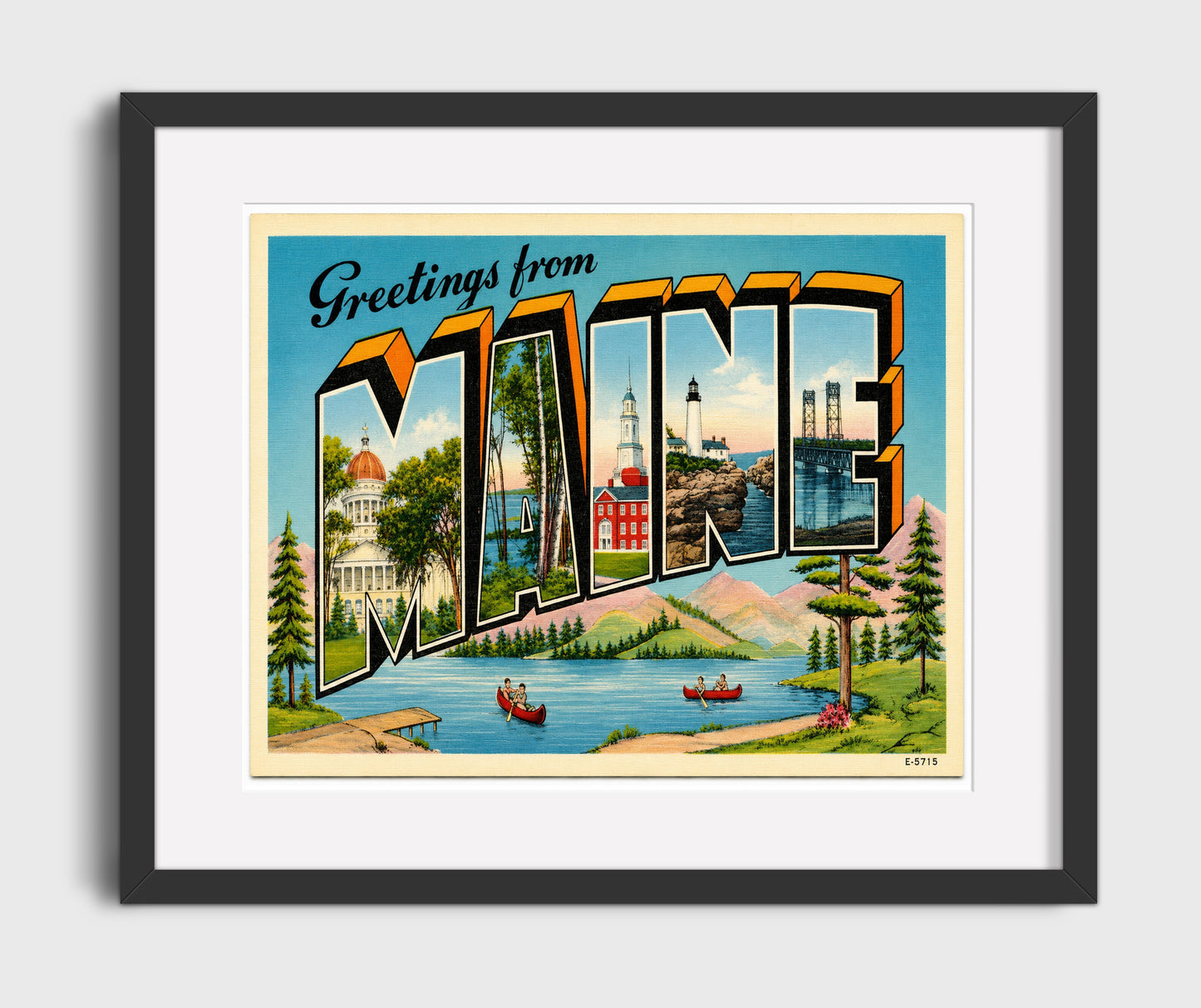 Greetings from Maine Scenic 16x20 Gallery Frame vintage postcard wall art