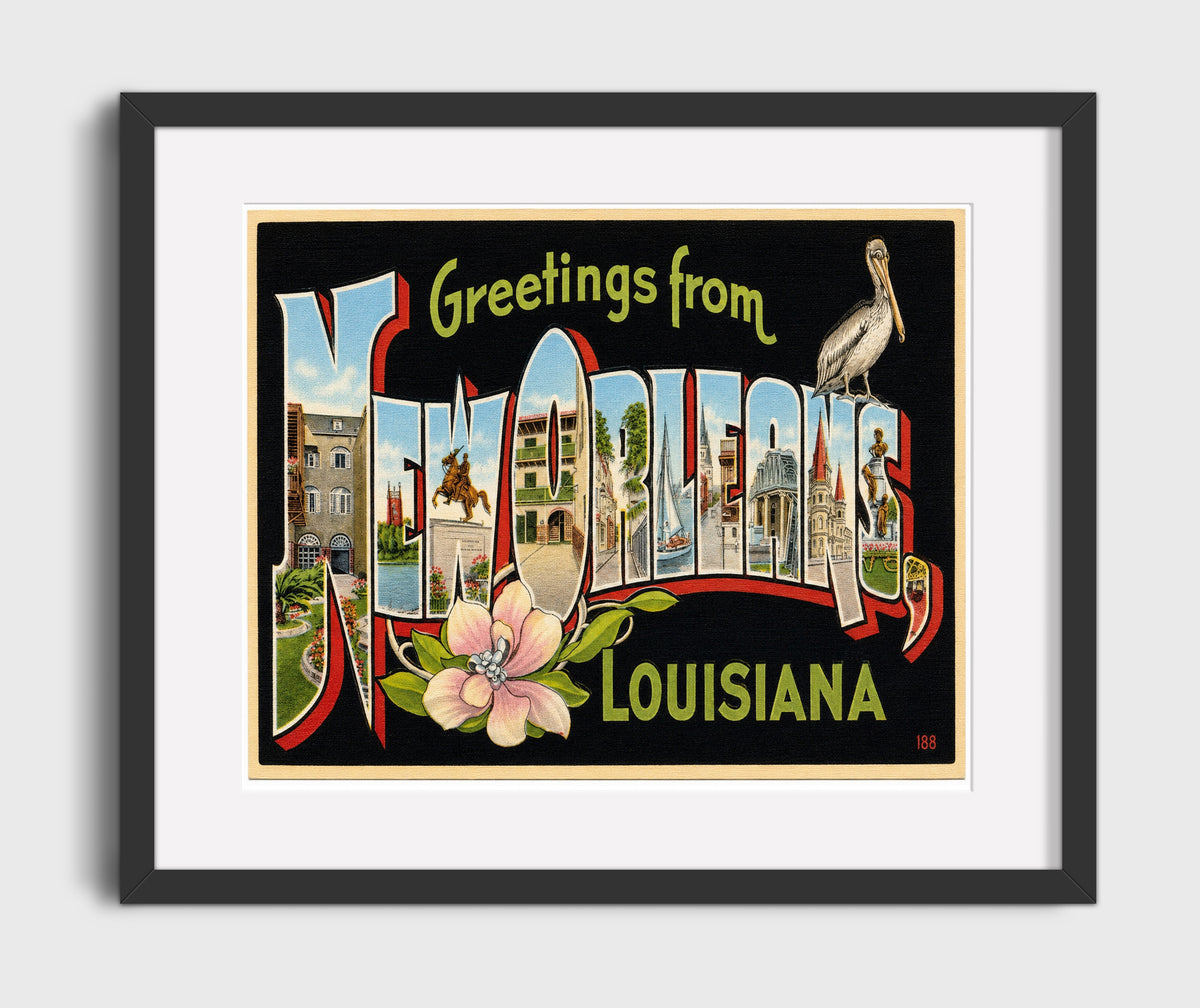Greetings from New Orleans, Louisiana - Magnolia 16x20 Gallery Frame vintage postcard wall art