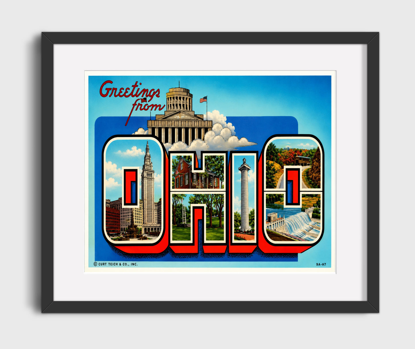 Greetings from Ohio - State Landmarks 16x20 Gallery Frame vintage postcard wall art