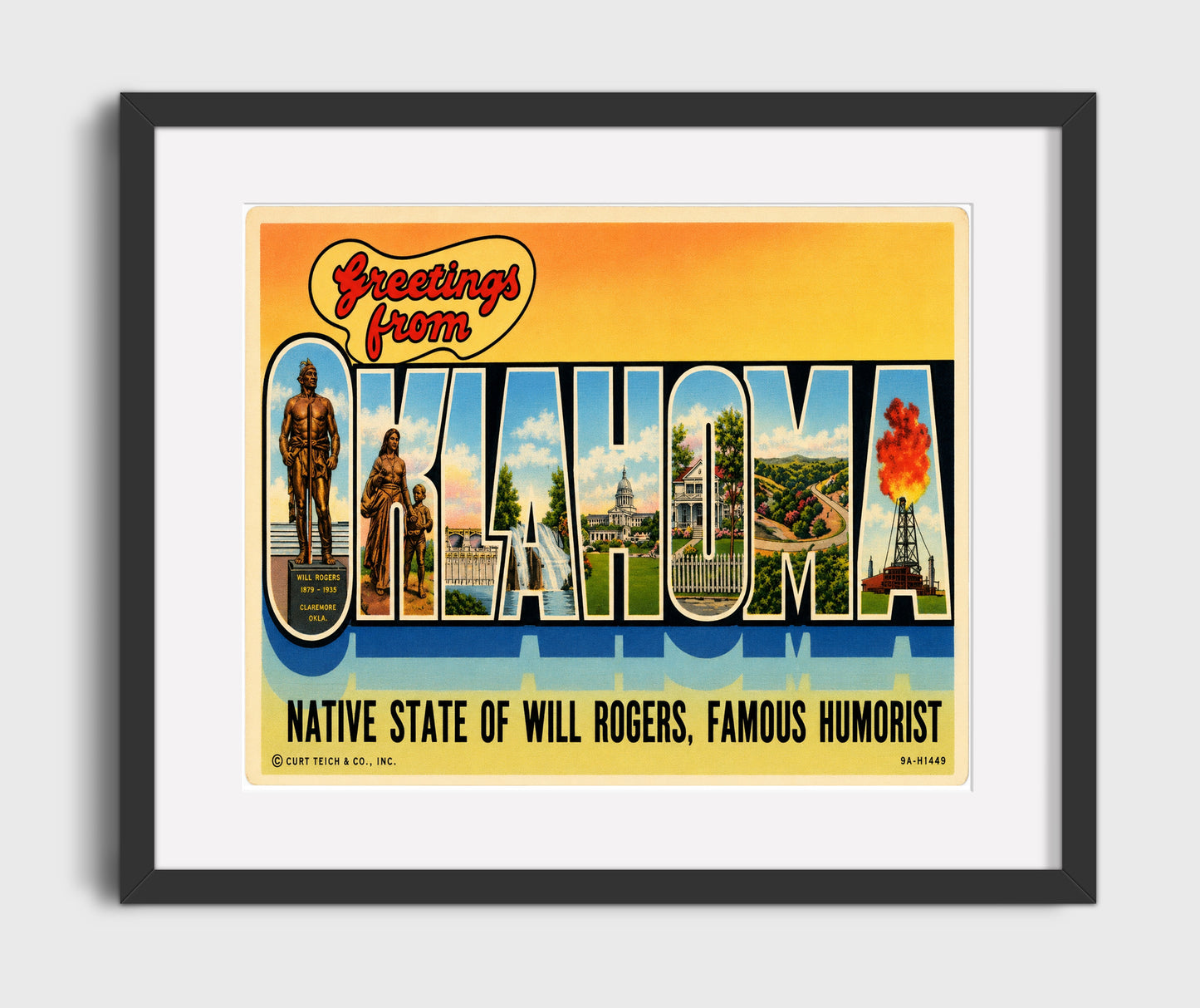 Greetings from Oklahoma - Will Rogers State 16x20 Gallery Frame vintage postcard wall art