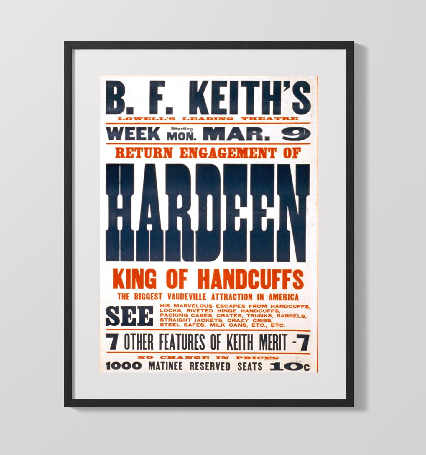 Hardeen - King of Handcuffs - Magic Poster - 16x20 Gallery Frame