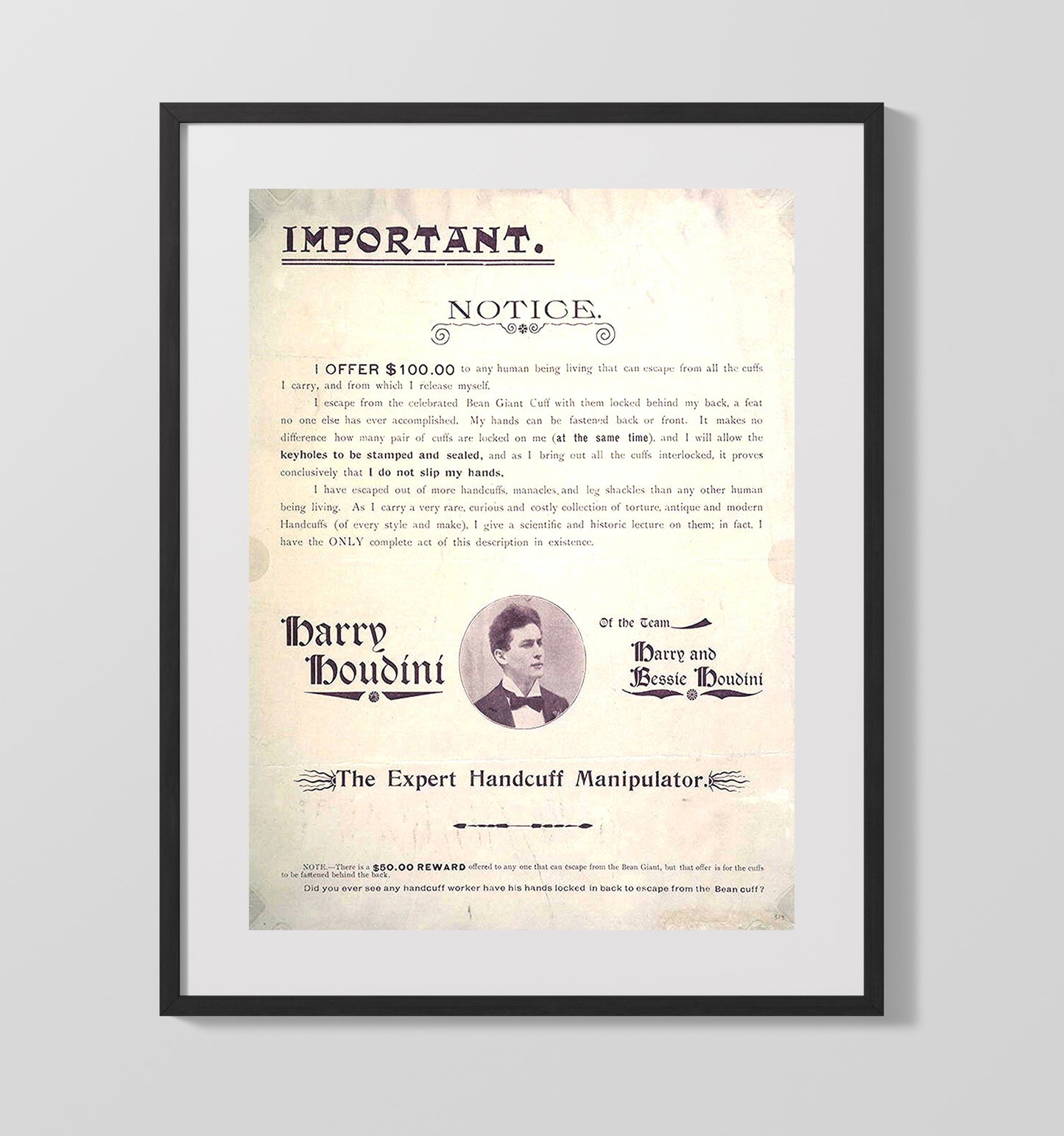 Houdini - 100 Dollar Escape Challenge - Magic Poster - 16x20 Gallery Frame