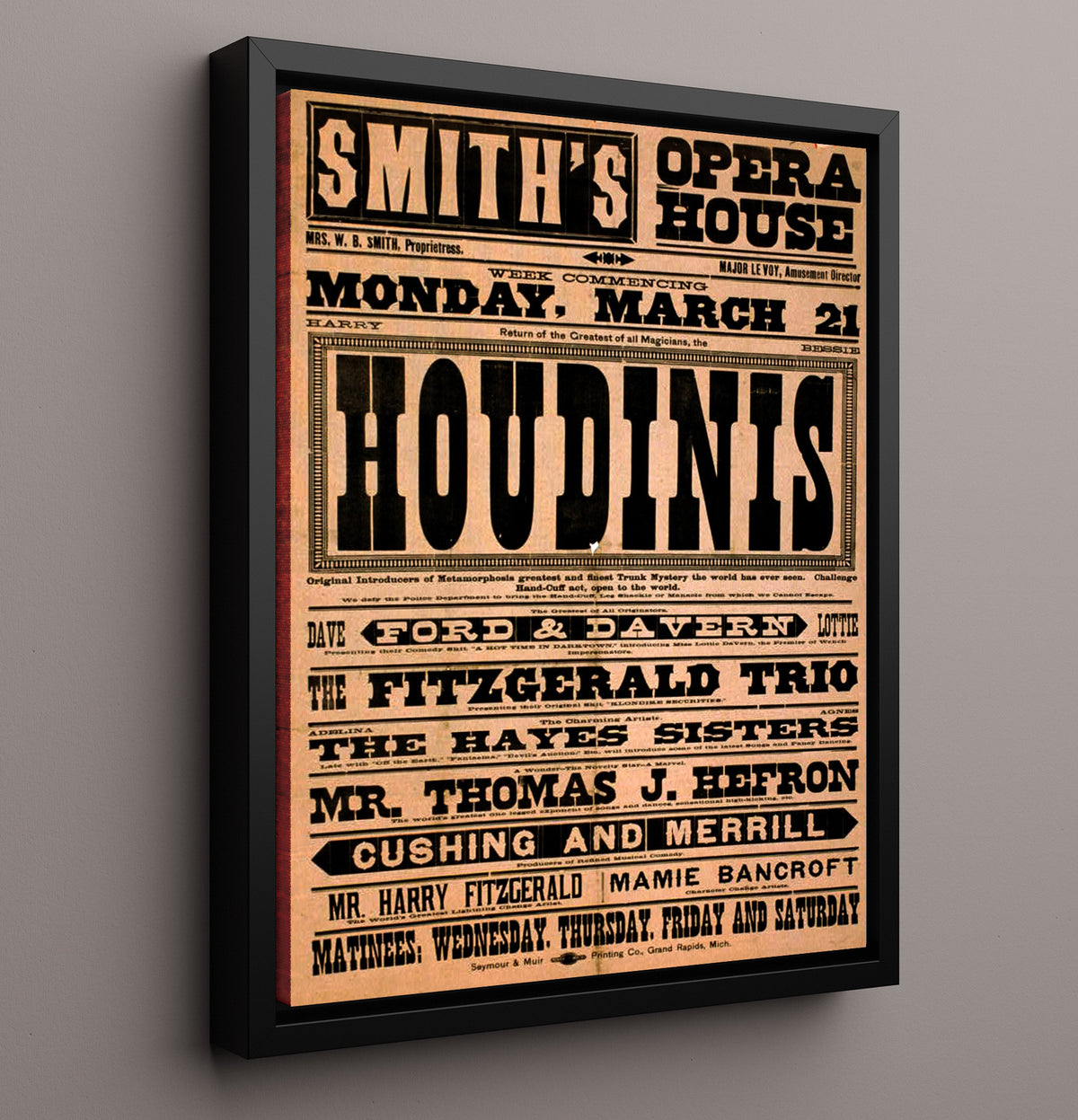 Houdini - Opera House Sensation - Magic - 16x20 Framed Canvas