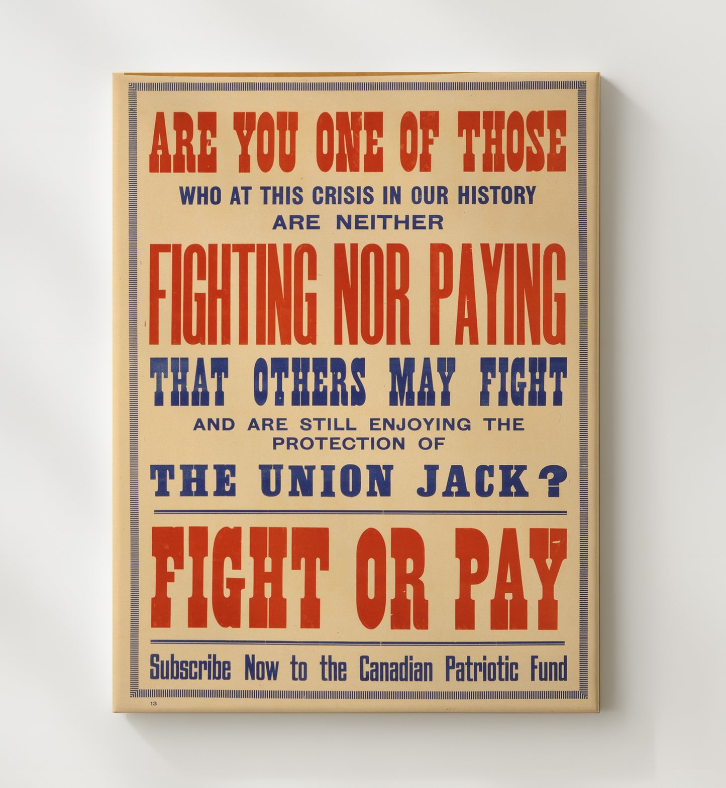 Canadian Patriotic Fund Fight or Pay vintage war poster canvas wall art 20x24 Canvas