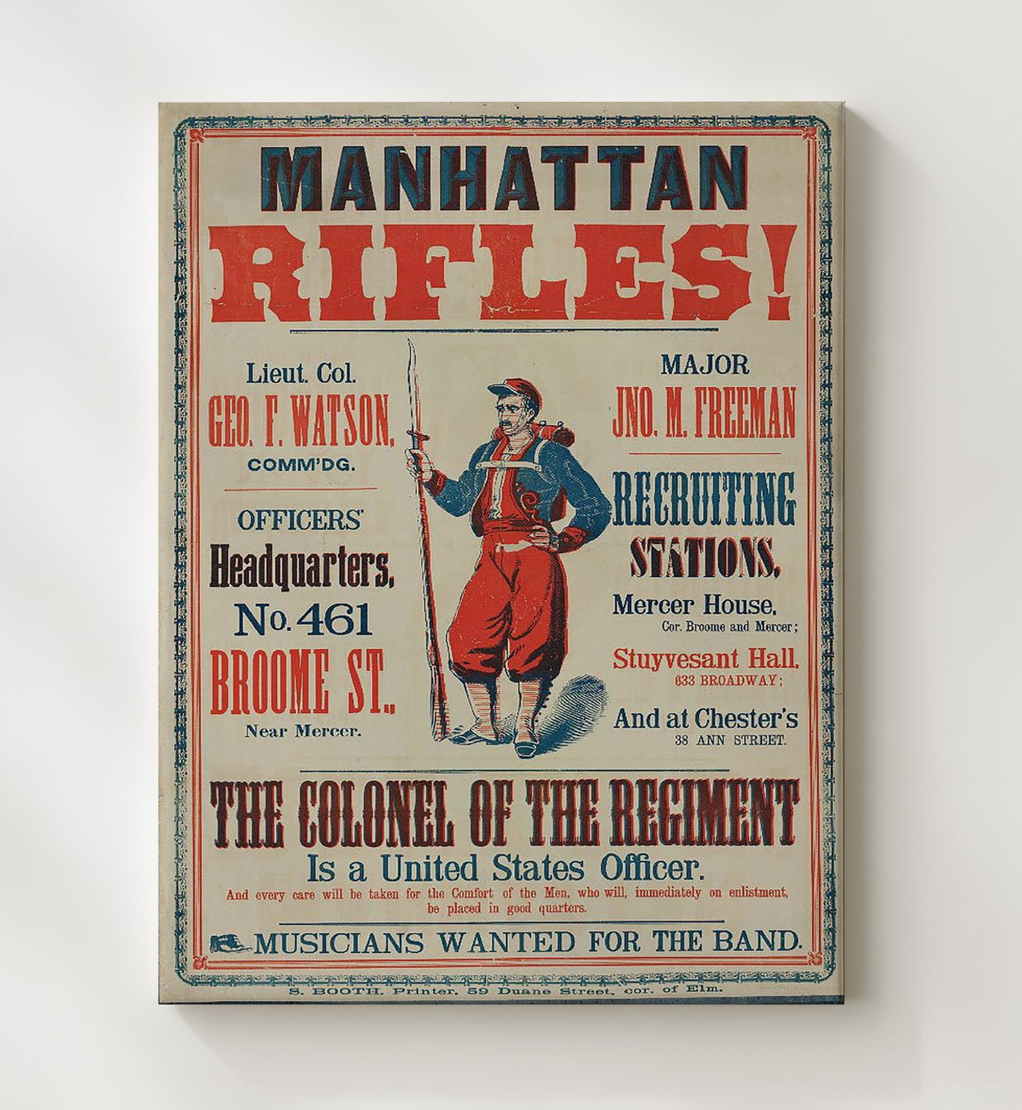 Civil War Recruitment Oosters Mathattan Rifles vintage war poster canvas wall art 20x24 Canvas