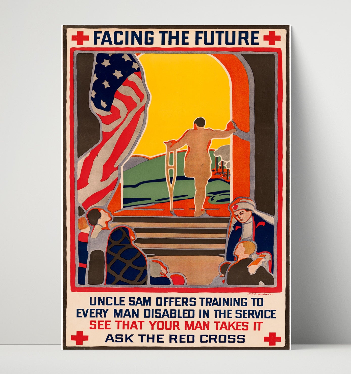 Vintage War Poster - Facing The Future The Red Cross Vintage War Wall Art - 16x20 Unframed Print