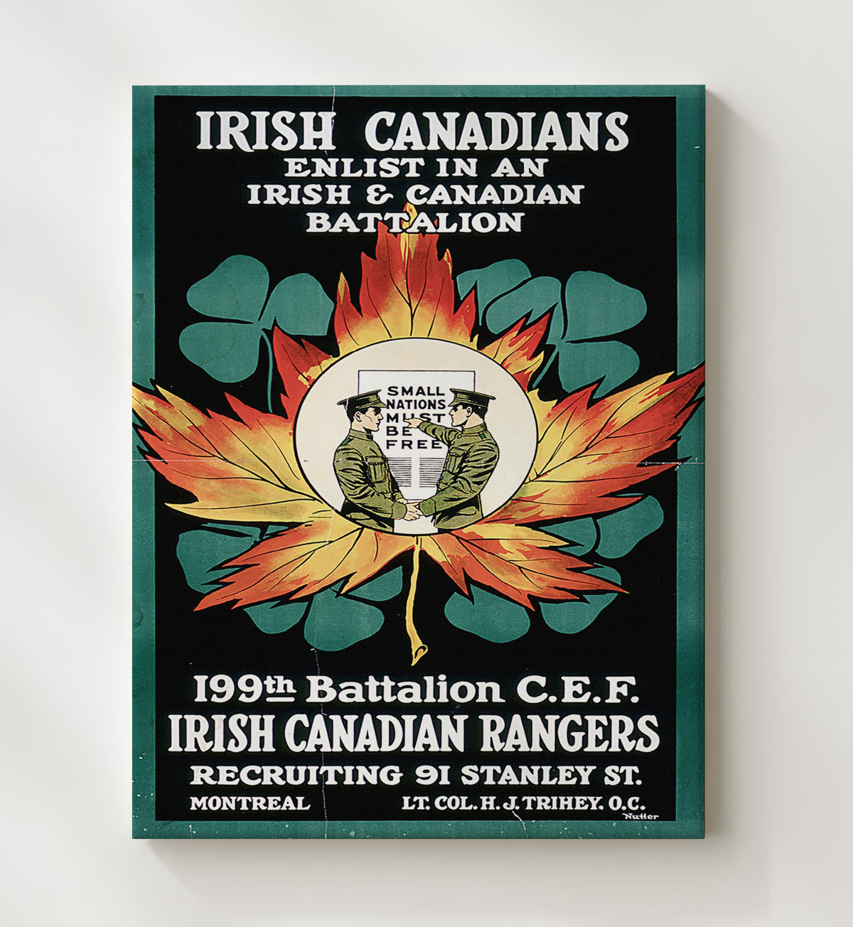 Irish Canadian Battalion 199th vintage war poster canvas wall art 20x24 Canvas