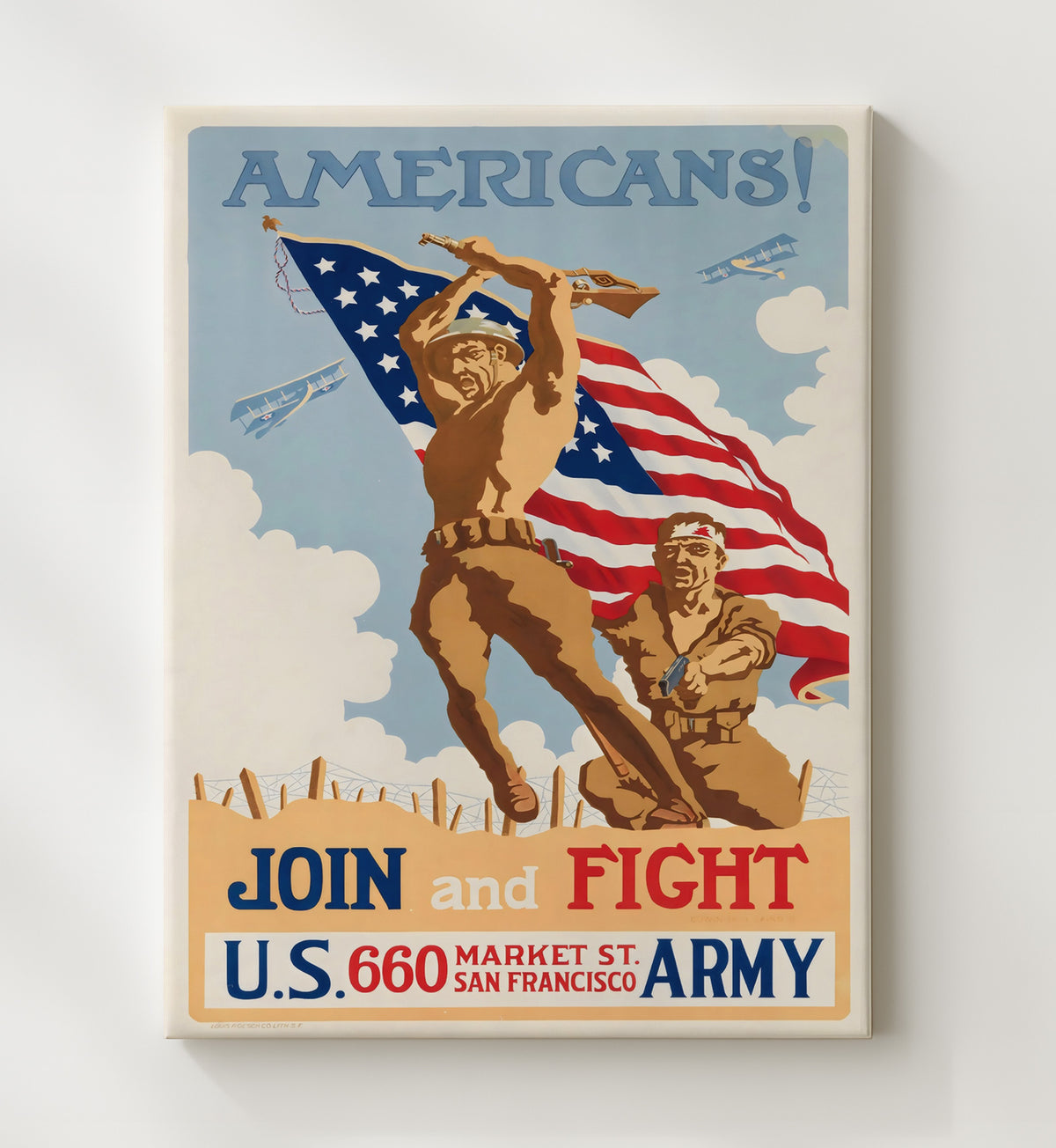 Join and Fight - Flag Charge vintage war poster canvas wall art 20x24 Canvas
