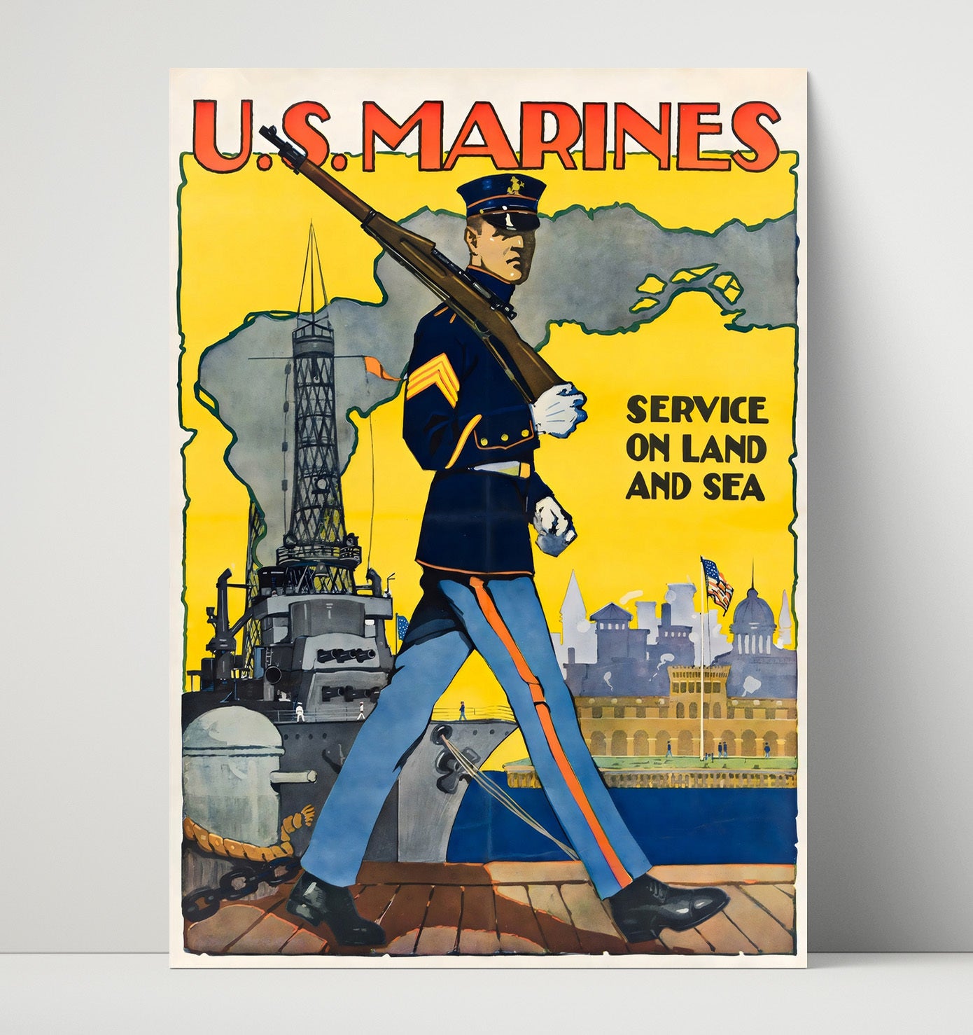 Vintage War Poster - U.S. Marines Service - Land and Sea Vintage War Wall Art - 16x20 Unframed Print