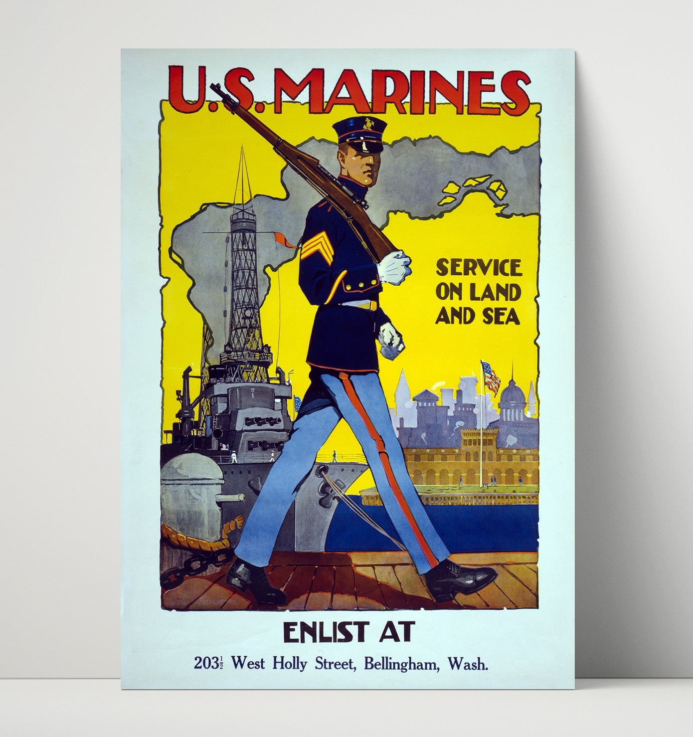 Vintage War Poster - US Marines Enlist in Washington Vintage War Wall Art - 16x20 Unframed Print