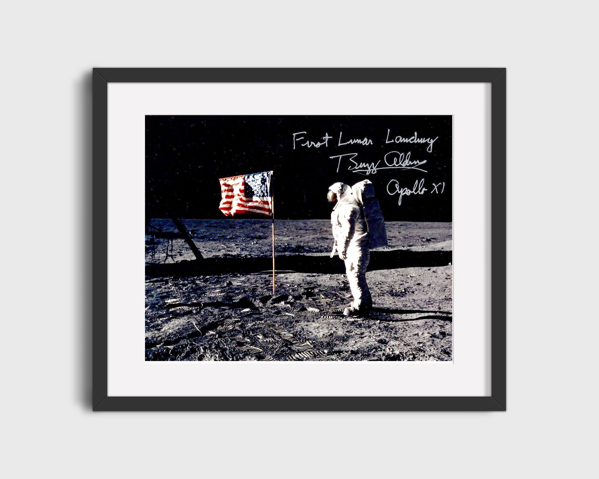 16x20 Framed Buzz Aldrin Autograph Promo Print - American Flag on the Moon - vintageframedprints.com