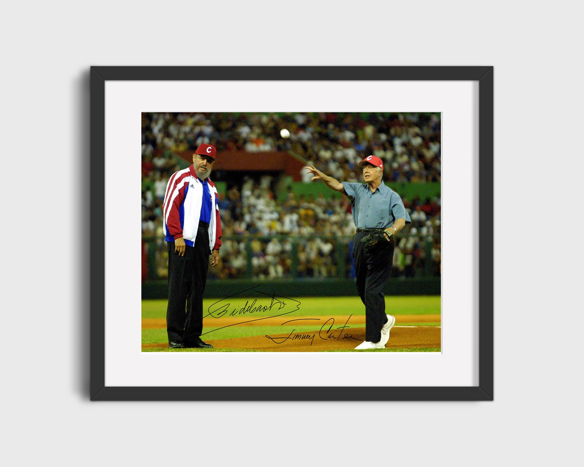 16x20 Framed Castro Autograph Promo Print - With Jimmy Carter Throwing Pitch - vintageframedprints.com