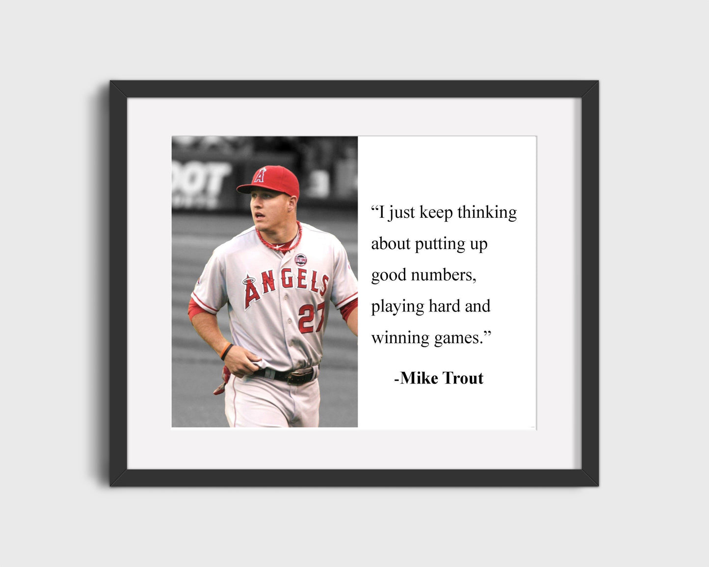 16x20 Framed "Mike Trout Quote - Good Numbers, Playing Hard and Winning Games - vintageframedprints.com