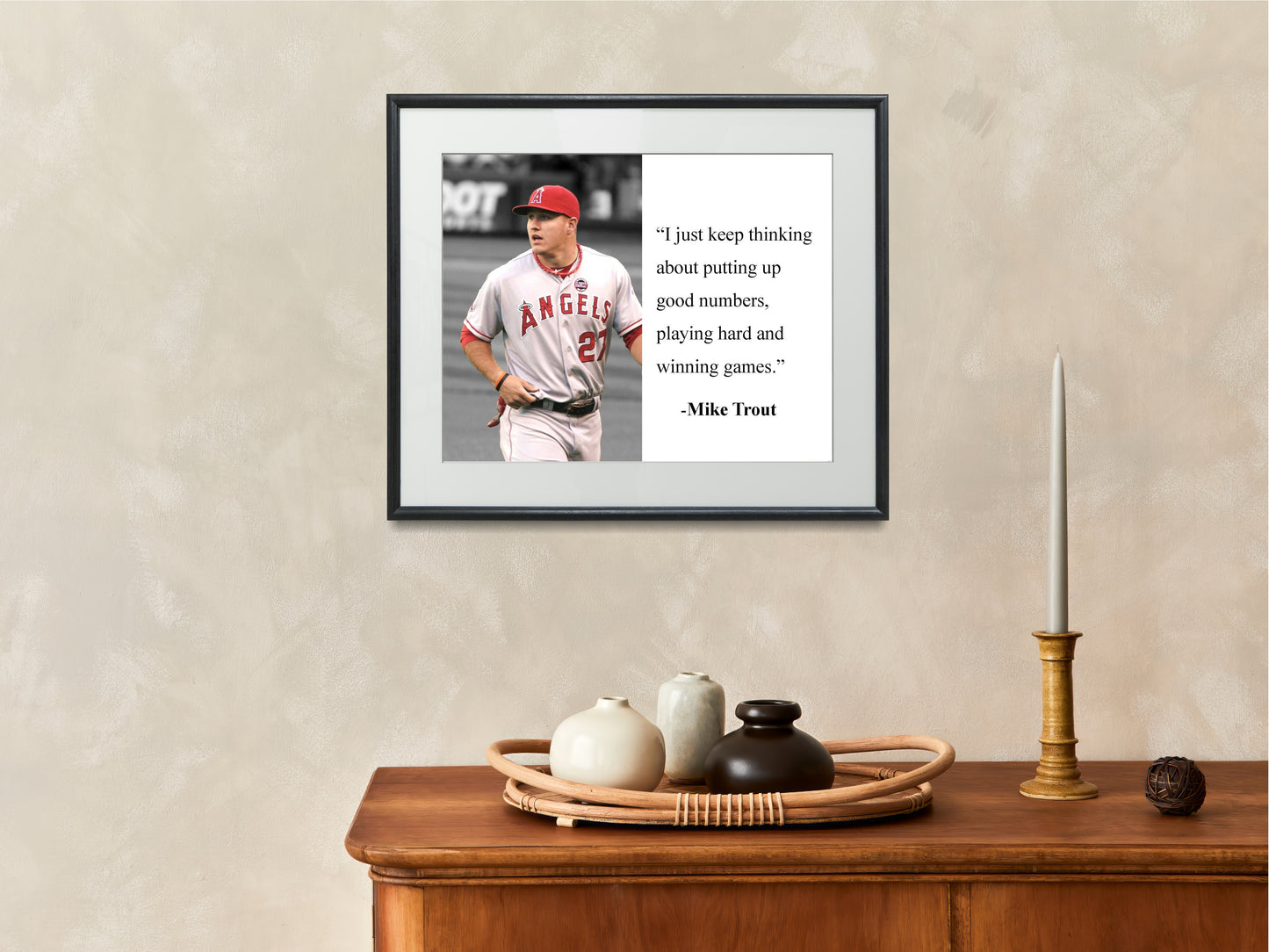 16x20 Framed "Mike Trout Quote - Good Numbers, Playing Hard and Winning Games - vintageframedprints.com