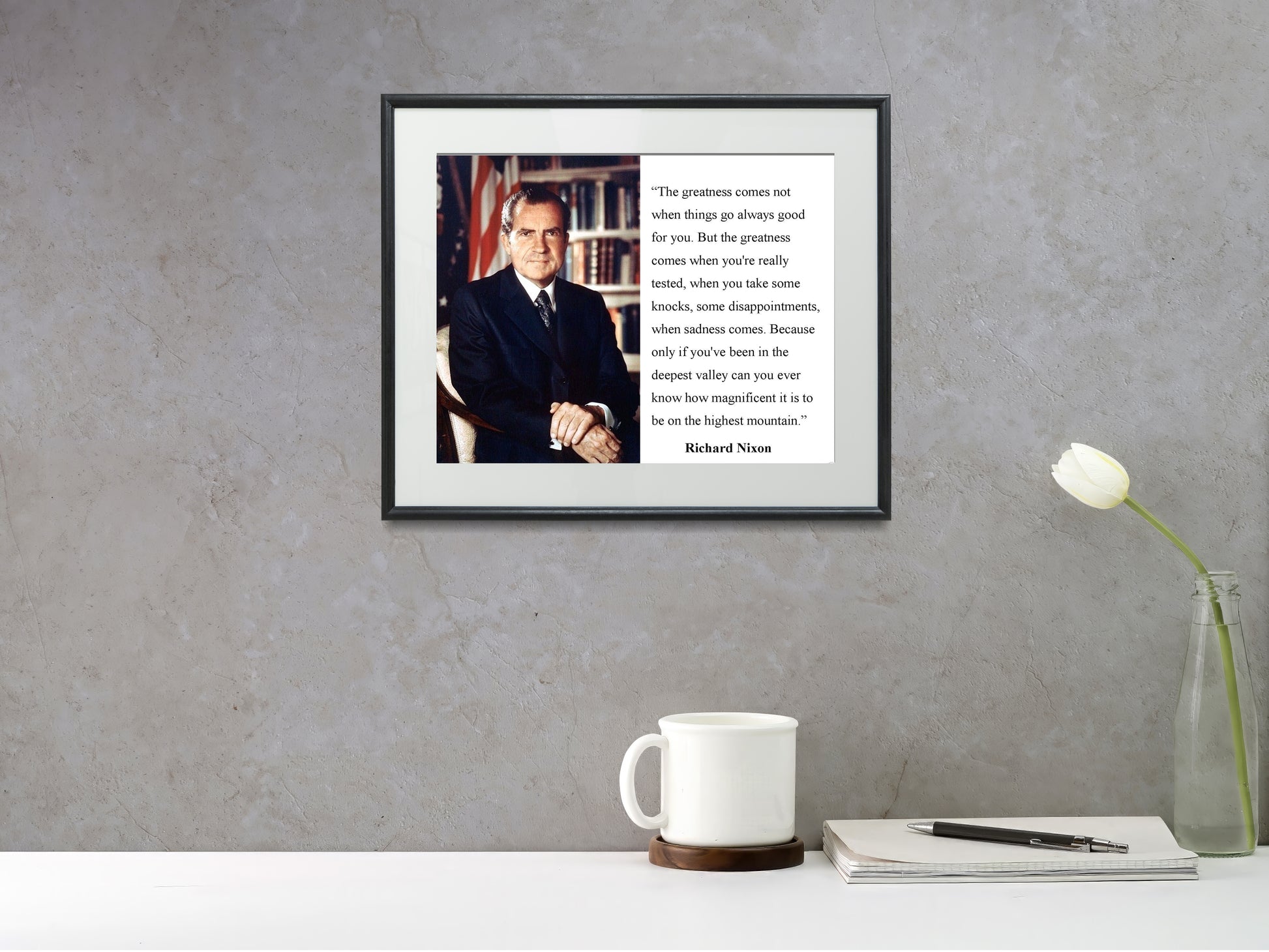 16x20 Framed Richard Nixon Quote - Greatness Comes When You're Really Tested - vintageframedprints.com