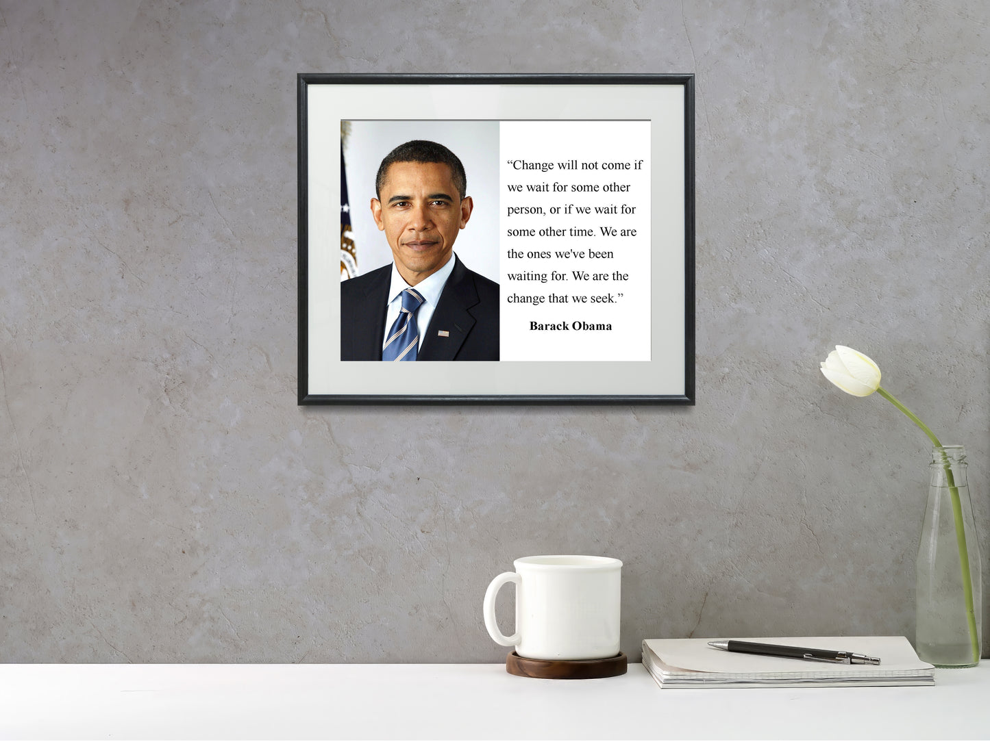 16x20 Framed Barack Obama Quote - Change Will Not Come If We Wait - vintageframedprints.com