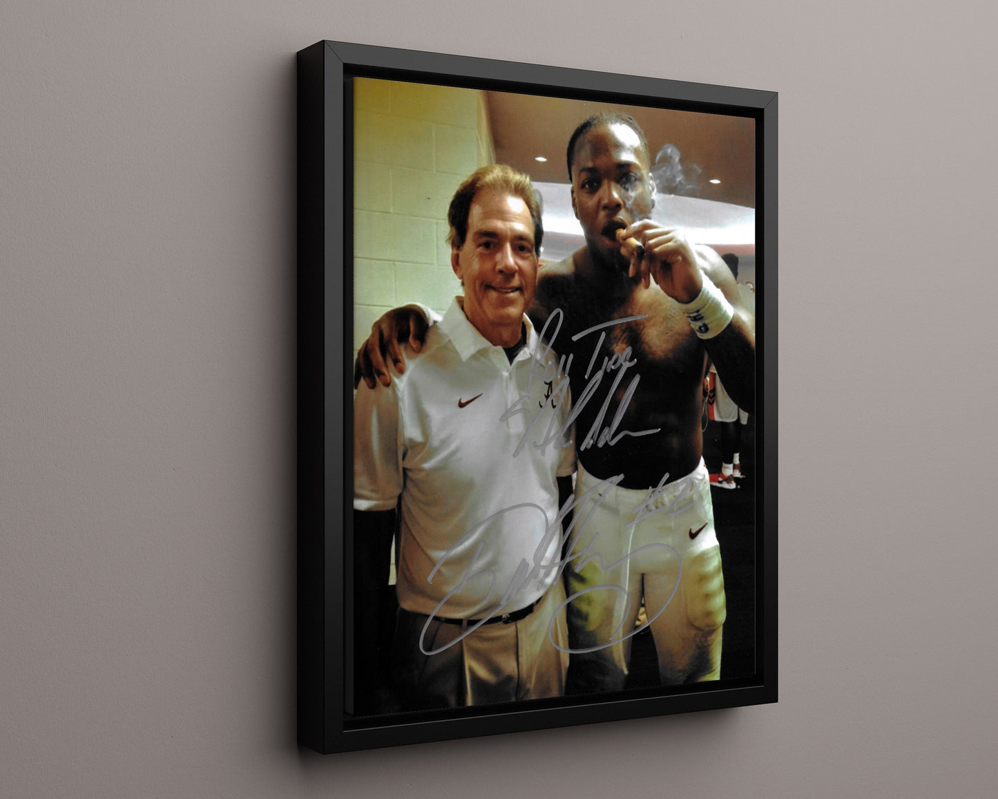 Alabama Autograph Print - Derrick Henry & Nick Saban - Victory Cigar College FSPrints Floating Canvas 16x20