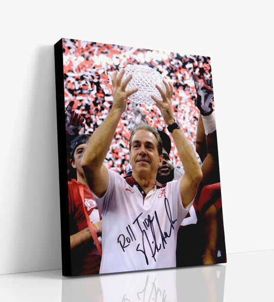 Alabama Autograph Canvas - Nick Saban Trophy Raise - Roll Trophy Tide