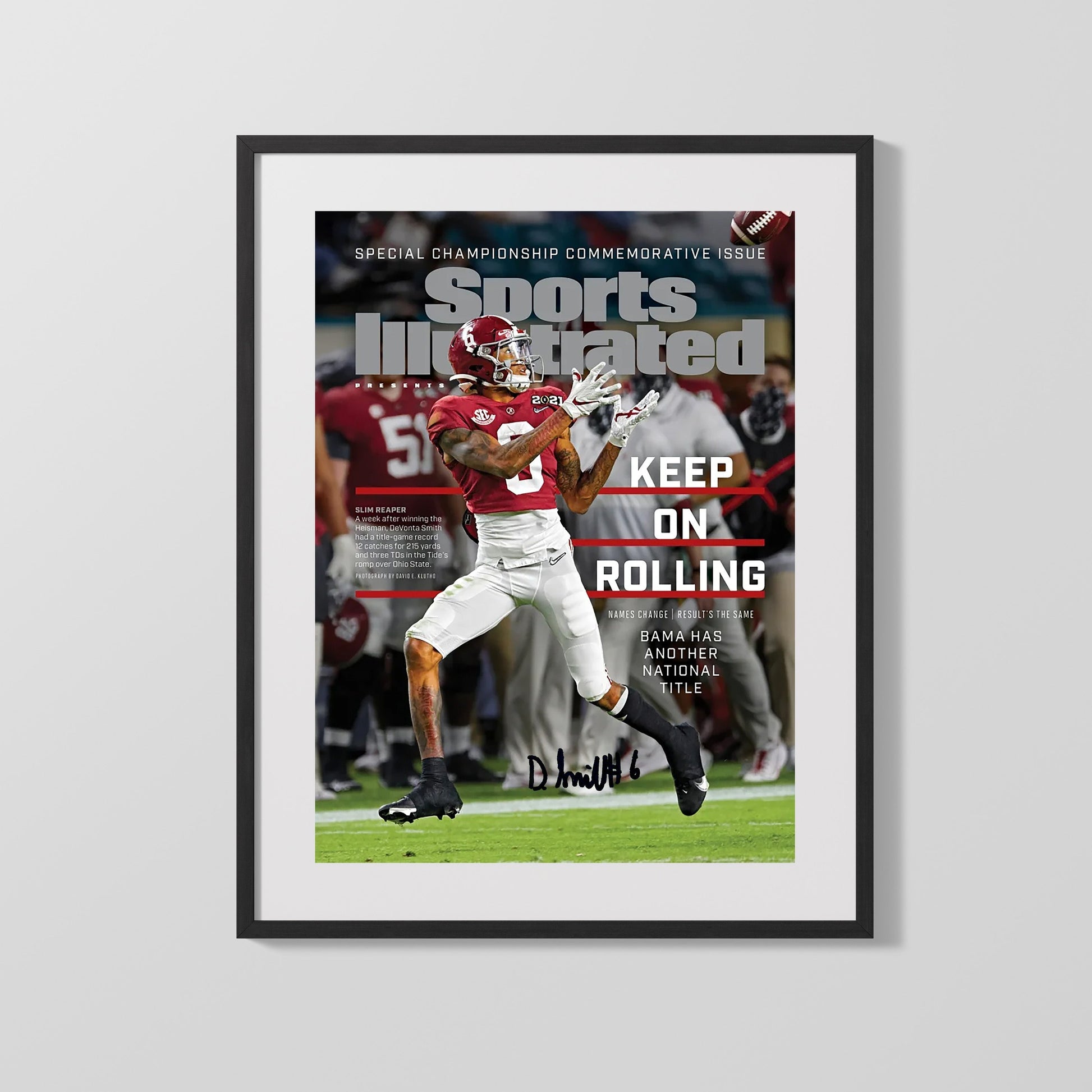 Alabama Autograph SI Print - DeVonta Smith Champs - Slim Reaper Shines College FSPrints Gallery Frame 16x20