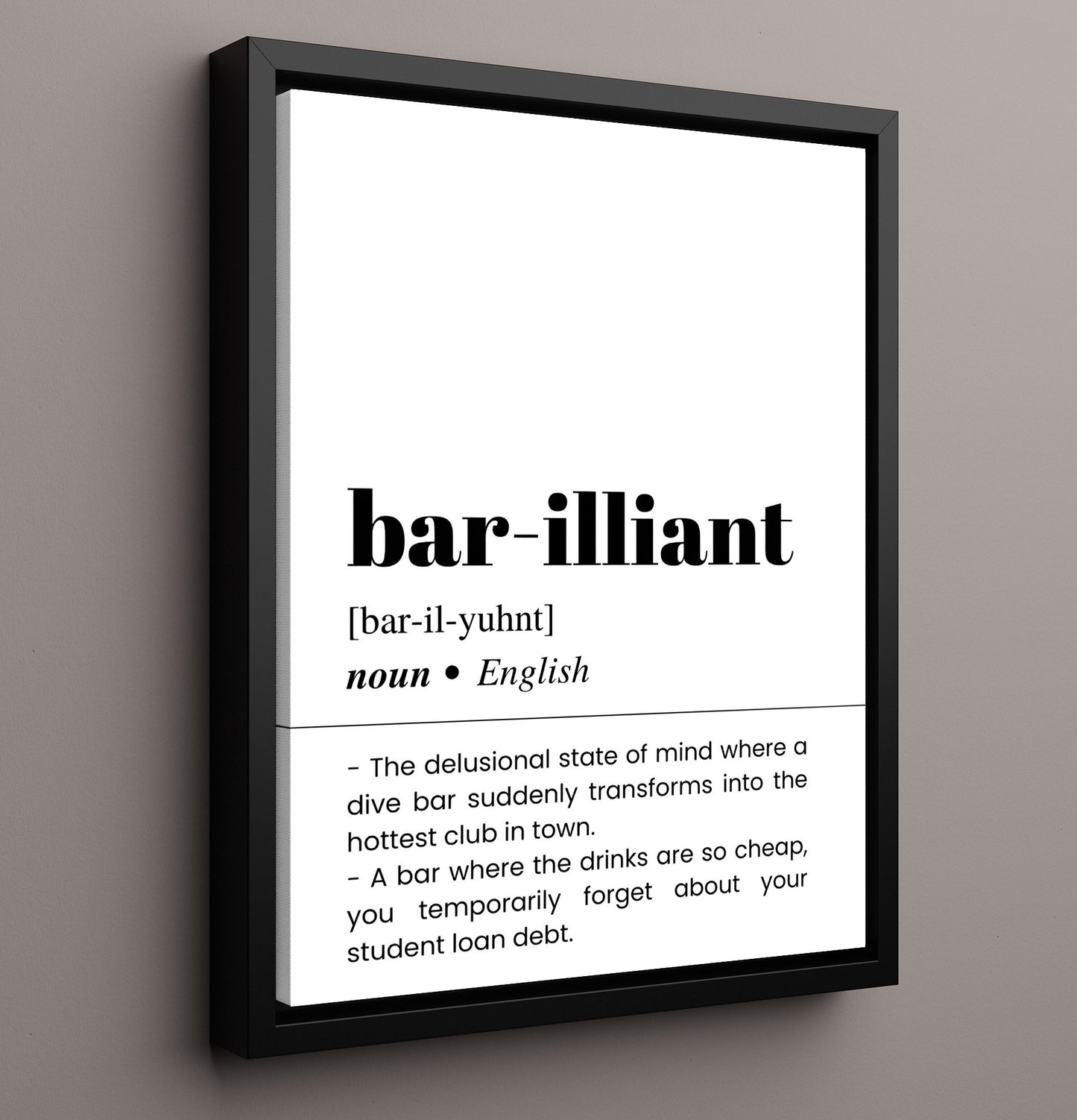 Bar-illiant - Dive Bar Humor - Framed Canvas bar dictionary wall art