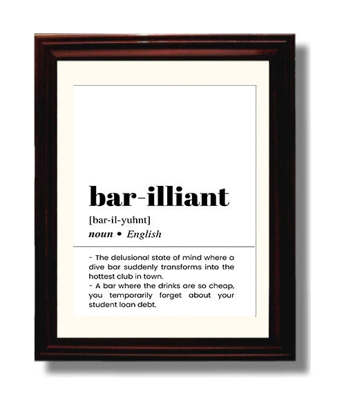 Bar-illiant - Dive Bar Humor - Beveled Frame bar dictionary wall art